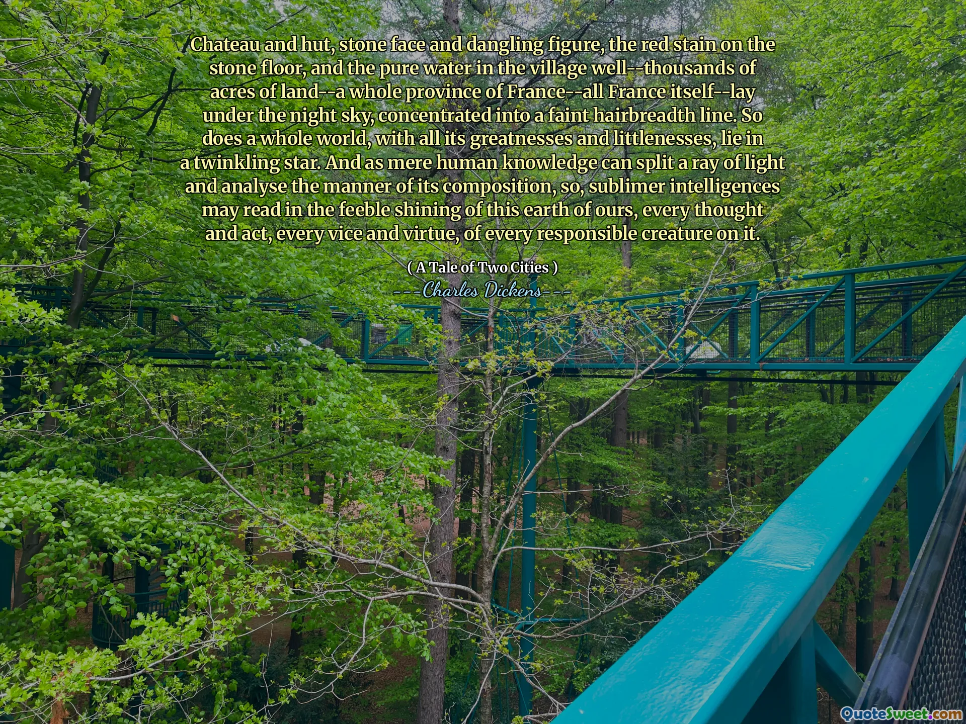 تشاتو والخوخ ، الوجه الحجري والشخصية المتدلية ، وصمة عار على الأرضية الحجرية ، والماء النقي في القرية بئرًا-آلاف فدان من الأراضي-مقاطعة فرنسا بأكملها-كلها فرنسا نفسها-تحت سماء الليل ، ركزت في خط خبز الشعر الخافت. وكذلك الحال بالنسبة لعالم بأكمله ، بكل عظماته وعلمه ، يكمن في نجم متلألئ. وبما أن مجرد معرفة إنسانية يمكن أن تقسم شعاعًا من الضوء وتحليل طريقة تكوينه ، فقد تقرأ ذكاءات Sublimer في السطوع الضعيف لأرضنا ، كل فكر وعمل ، كل نائب وفضيلة ، لكل مخلوق مسؤول عليه.