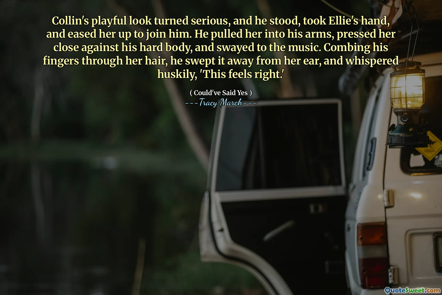 Collin's playful look turned serious, and he stood, took Ellie's hand, and eased her up to join him. He pulled her into his arms, pressed her close against his hard body, and swayed to the music. Combing his fingers through her hair, he swept it away from her ear, and whispered huskily, 'This feels right.'