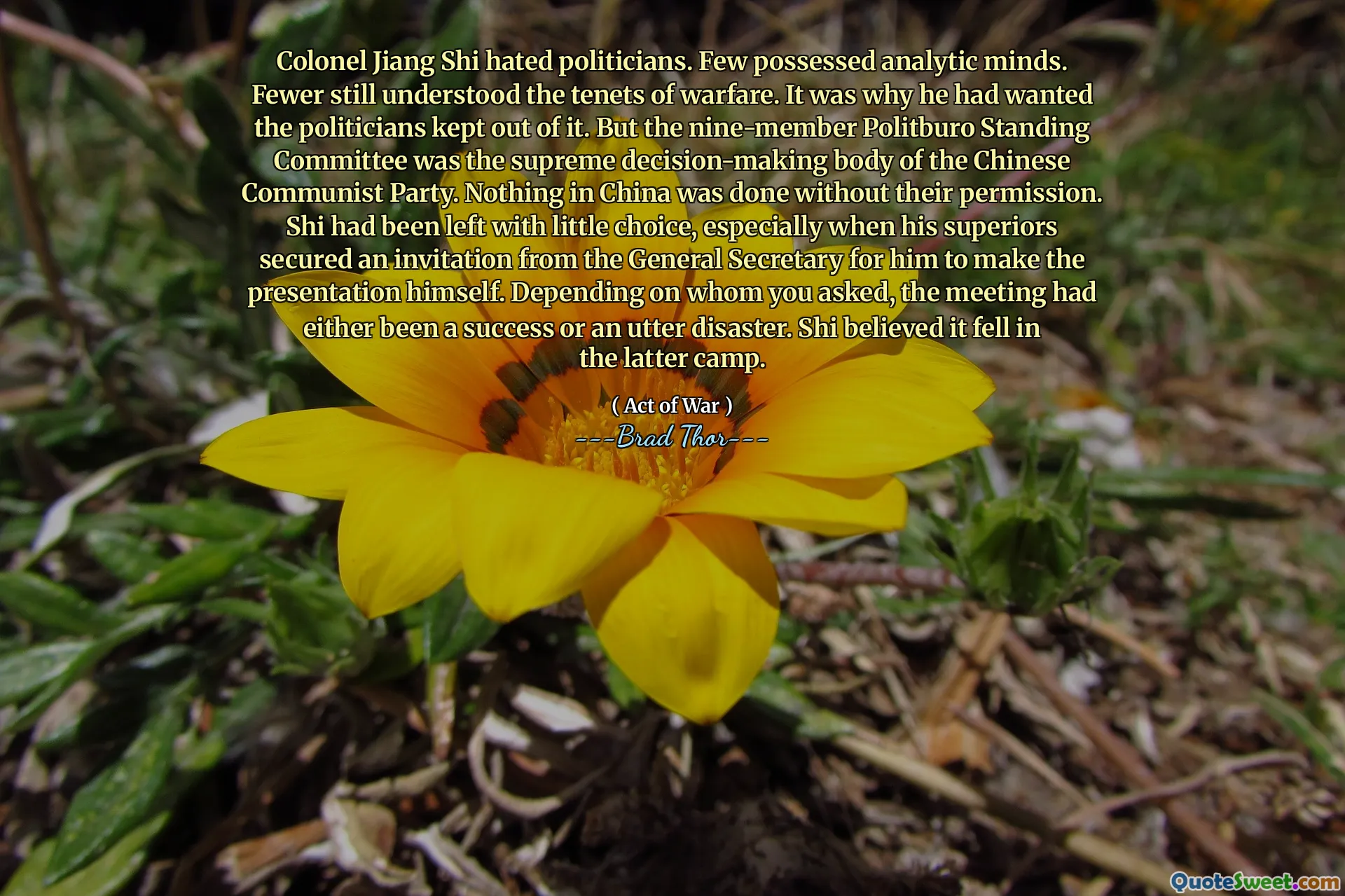 Полковник Цзян Ши ненавидел политиков. Немногие обладают аналитическими умом. Меньше все еще понималось принципы войны. Вот почему он хотел, чтобы политики держались из этого. Но постоянный комитет Политбюро из девяти членов был высшим органом коммунистической партии Китая. Ничто в Китае не было сделано без их разрешения. Ши осталось с небольшим выбором, особенно когда его начальство получило приглашение от генерального секретаря, чтобы он сам сделал презентацию. В зависимости от того, кого вы спросили, встреча была либо успешной, либо