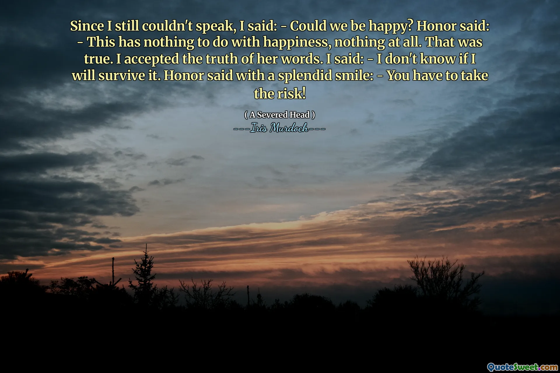 Since I still couldn't speak, I said: - Could we be happy? Honor said: - This has nothing to do with happiness, nothing at all. That was true. I accepted the truth of her words. I said: - I don't know if I will survive it. Honor said with a splendid smile: - You have to take the risk!