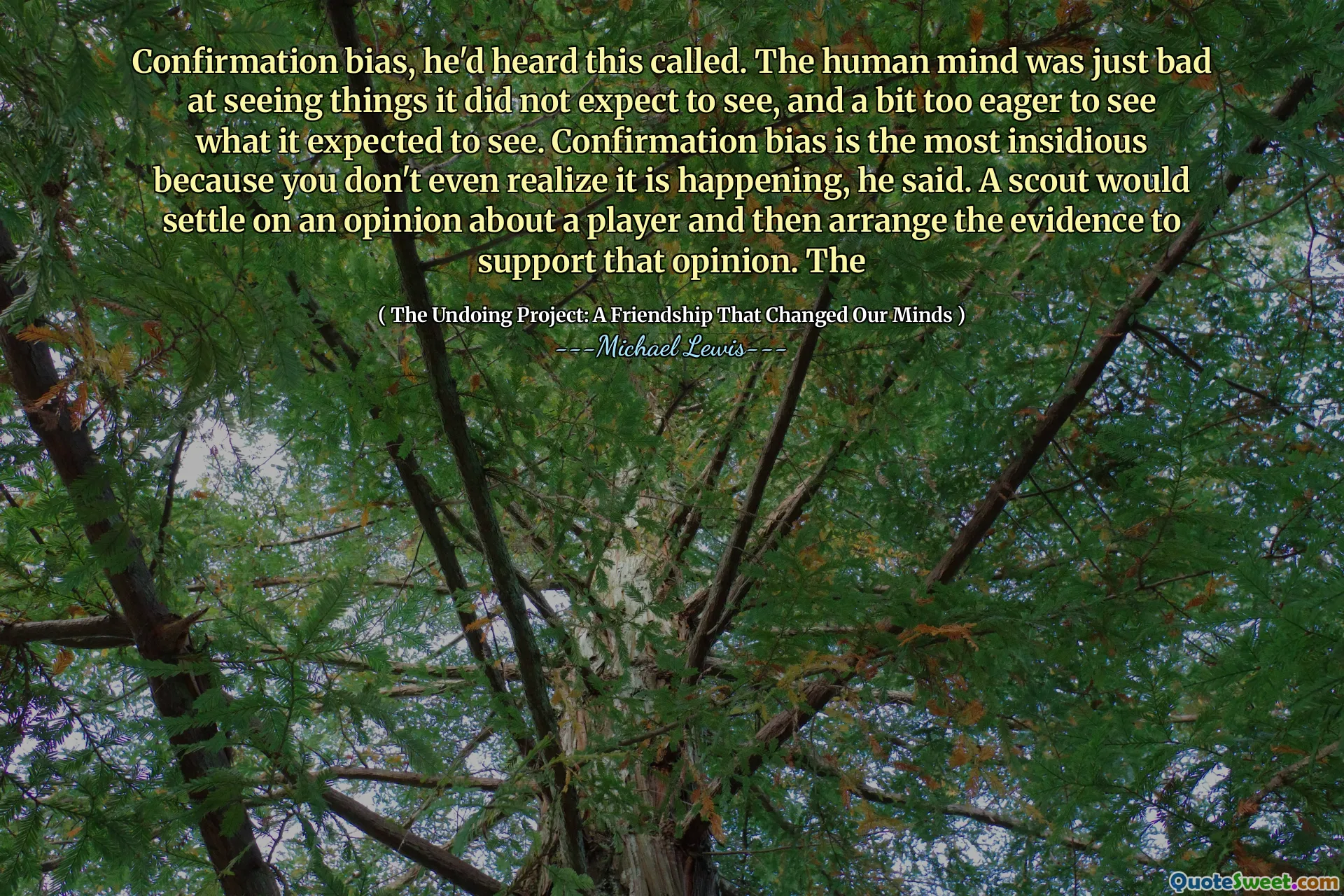 Confirmation bias, he'd heard this called. The human mind was just bad at seeing things it did not expect to see, and a bit too eager to see what it expected to see. Confirmation bias is the most insidious because you don't even realize it is happening, he said. A scout would settle on an opinion about a player and then arrange the evidence to support that opinion. The