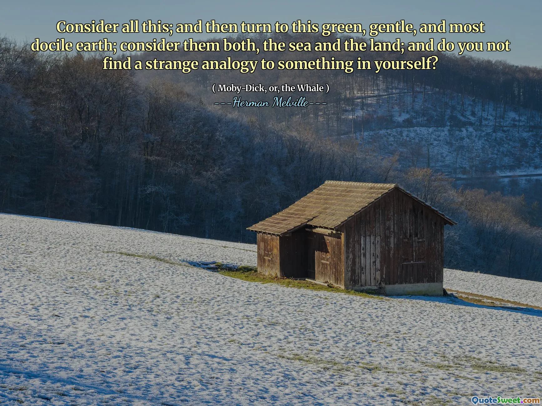 Xem xét tất cả điều này; và sau đó chuyển sang trái đất xanh, nhẹ nhàng và ngoan ngoãn này; Hãy xem xét cả hai, biển và vùng đất; Và bạn không tìm thấy một sự tương đồng kỳ lạ với một cái gì đó trong chính bạn?