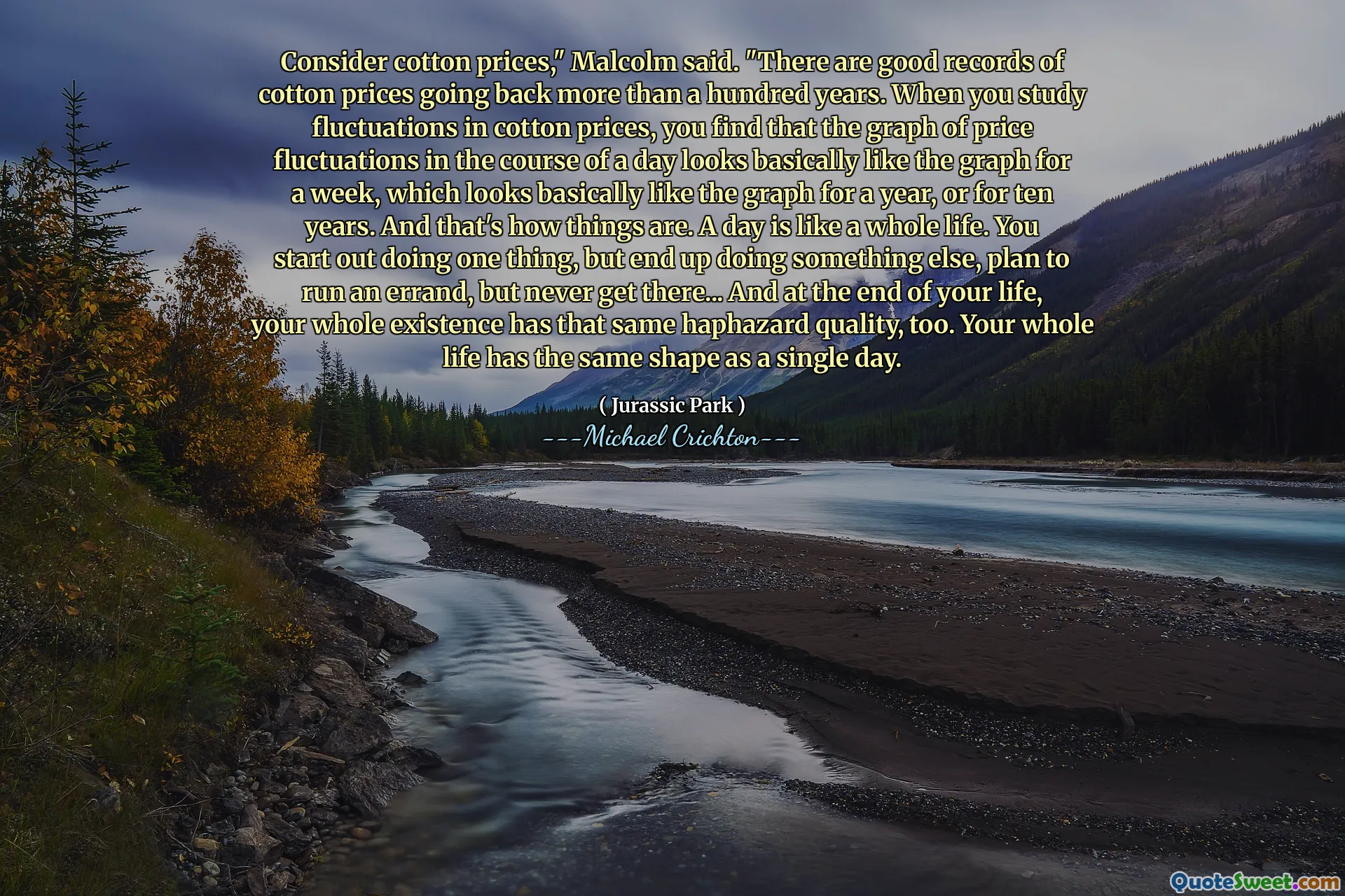 Considere los precios del algodón ", dijo Malcolm." Hay buenos registros de precios del algodón que se remontan a más de cien años. Cuando estudia fluctuaciones en los precios del algodón, encuentra que el gráfico de las fluctuaciones de precios en el transcurso de un día se parece básicamente al gráfico durante una semana, que se parece básicamente al gráfico durante un año o durante diez años. Y así son las cosas. Un día es como toda una vida. Empiezas haciendo una cosa, pero terminas haciendo algo más, planeas hacer un recado, pero nunca llegas allí ... y al final de tu vida, toda tu existencia también tiene esa misma calidad al azar. Toda tu vida tiene la misma forma que un solo día.