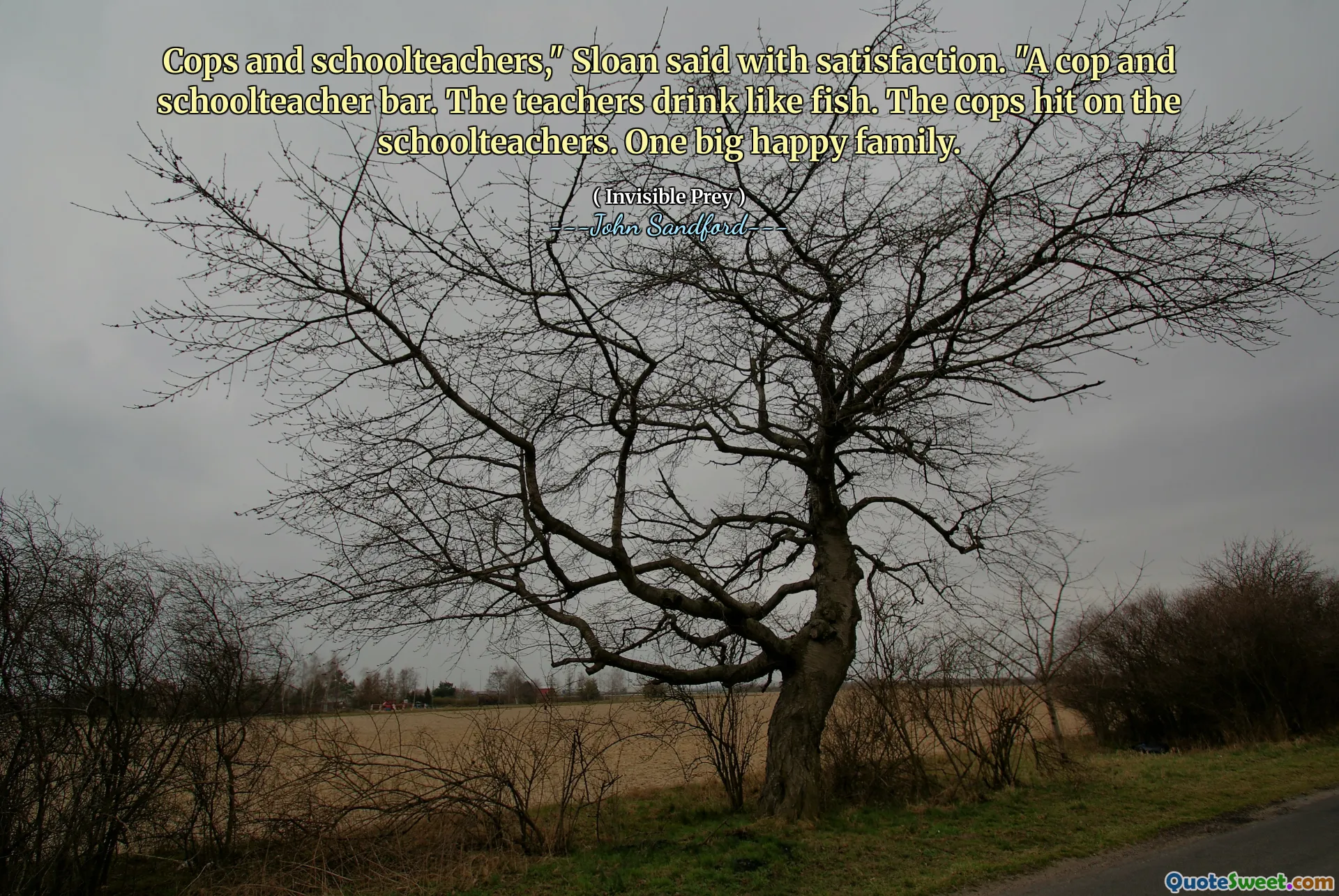 警察和学校老师，”斯隆满意地说。“一个警察和学校老师的酒吧。老师们喝得像鱼一样。警察袭击了学校老师。一个幸福的大家庭。