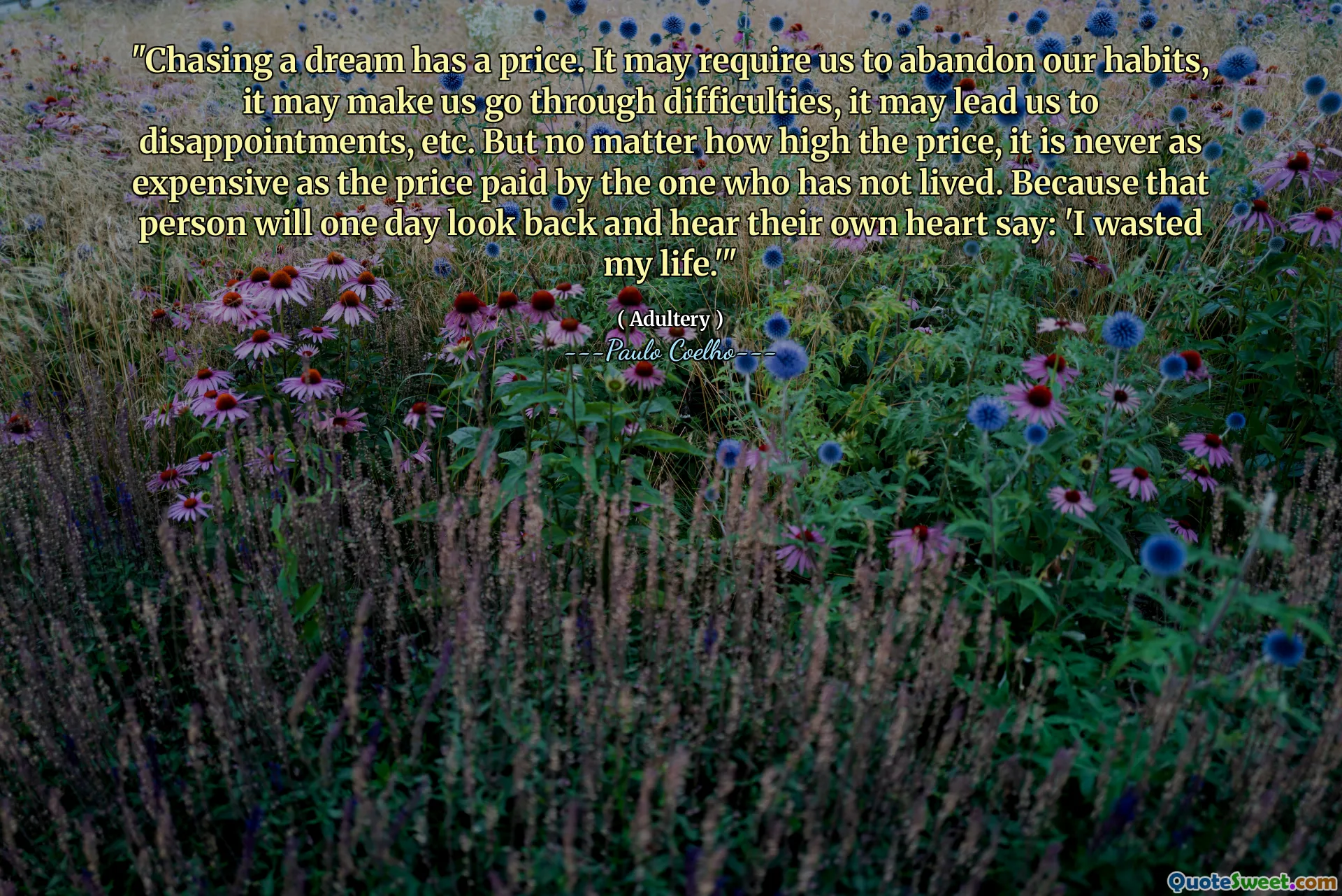 "Chasing a dream has a price. It may require us to abandon our habits, it may make us go through difficulties, it may lead us to disappointments, etc. But no matter how high the price, it is never as expensive as the price paid by the one who has not lived. Because that person will one day look back and hear their own heart say: 'I wasted my life.'"