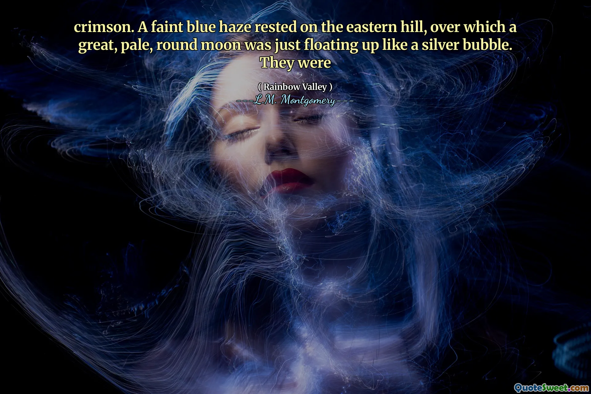 crimson. A faint blue haze rested on the eastern hill, over which a great, pale, round moon was just floating up like a silver bubble. They were