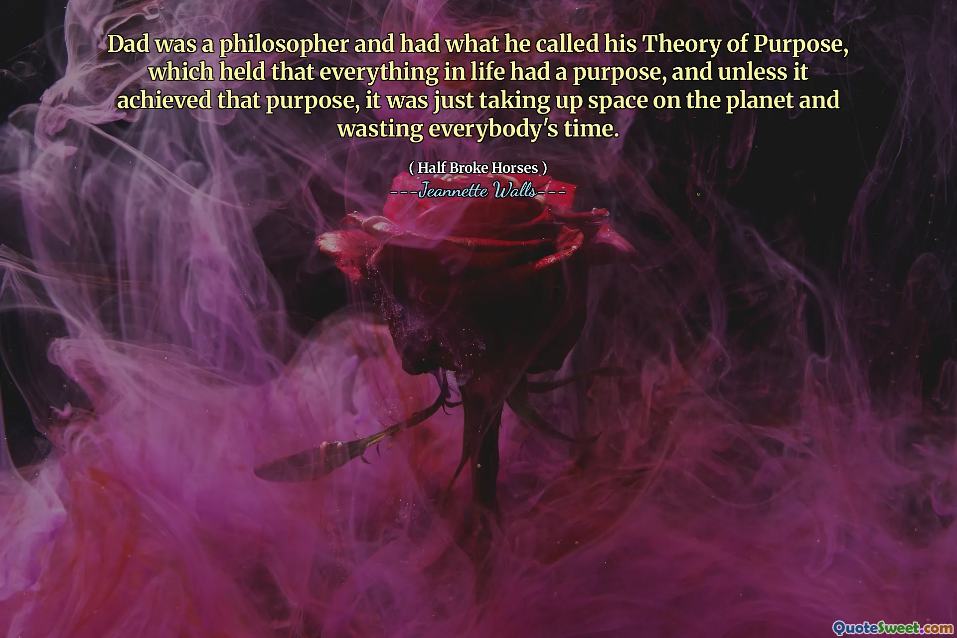 아빠는 철학자였으며 자신의 목적 이론이라고 부르는 것을 가지고 있었는데, 그것은 인생의 모든 것이 목적을 가졌으며, 그 목적을 달성하지 않으면 지구상의 공간을 차지하고 모든 사람의 시간을 낭비하고있었습니다.