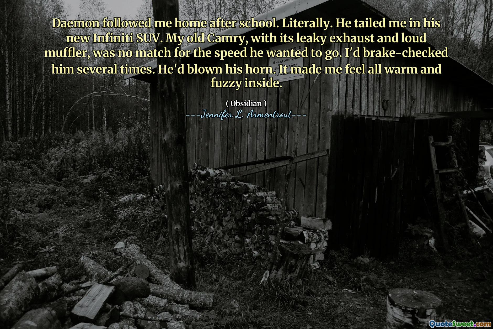 Daemon followed me home after school. Literally. He tailed me in his new Infiniti SUV. My old Camry, with its leaky exhaust and loud muffler, was no match for the speed he wanted to go. I'd brake-checked him several times. He'd blown his horn. It made me feel all warm and fuzzy inside.