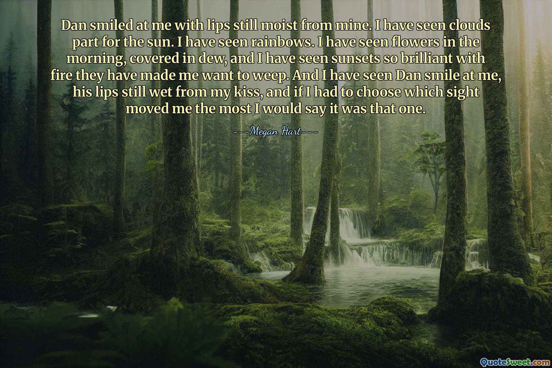 Dan smiled at me with lips still moist from mine. I have seen clouds part for the sun. I have seen rainbows. I have seen flowers in the morning, covered in dew, and I have seen sunsets so brilliant with fire they have made me want to weep. And I have seen Dan smile at me, his lips still wet from my kiss, and if I had to choose which sight moved me the most I would say it was that one.