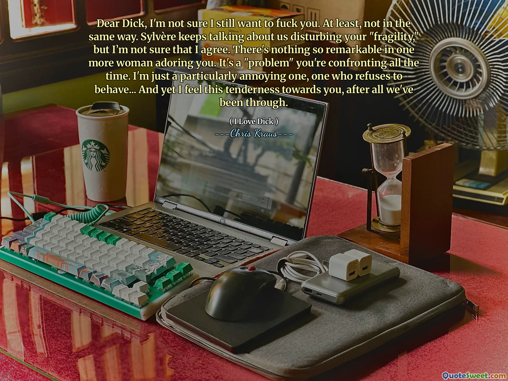 Dear Dick, I'm not sure I still want to fuck you. At least, not in the same way. Sylvère keeps talking about us disturbing your "fragility," but I’m not sure that I agree. There's nothing so remarkable in one more woman adoring you. It's a "problem" you're confronting all the time. I'm just a particularly annoying one, one who refuses to behave... And yet I feel this tenderness towards you, after all we've been through.