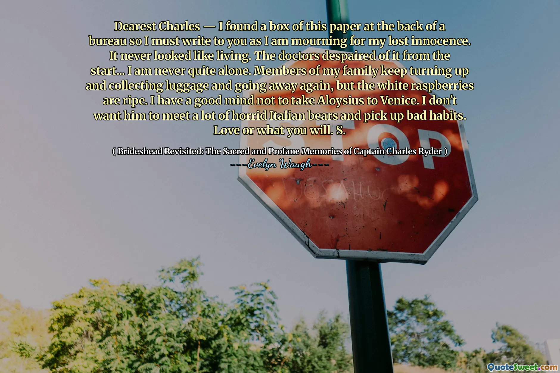 Dearest Charles — I found a box of this paper at the back of a bureau so I must write to you as I am mourning for my lost innocence. It never looked like living. The doctors despaired of it from the start... I am never quite alone. Members of my family keep turning up and collecting luggage and going away again, but the white raspberries are ripe. I have a good mind not to take Aloysius to Venice. I don't want him to meet a lot of horrid Italian bears and pick up bad habits. Love or what you will. S.