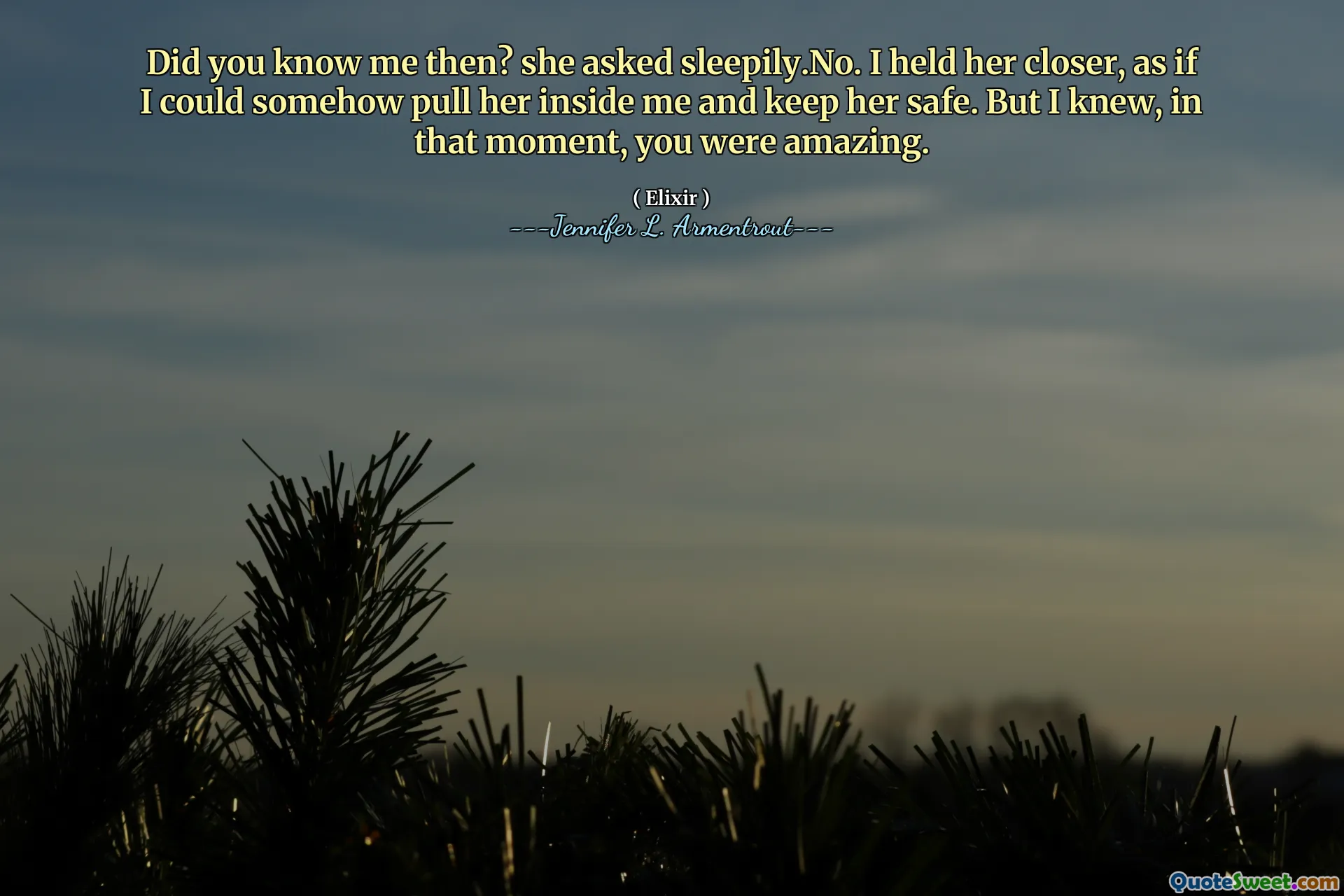 Did you know me then? she asked sleepily.No. I held her closer, as if I could somehow pull her inside me and keep her safe. But I knew, in that moment, you were amazing.