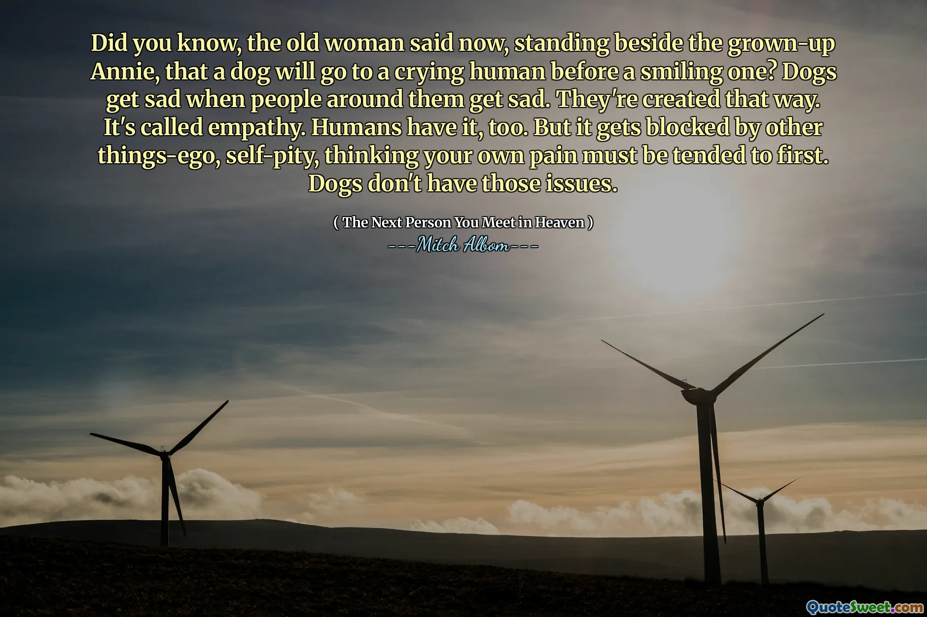 Você sabia, a velha disse agora, ao lado da adulta Annie, que um cachorro irá a um humano chorando antes de um sorriso? Os cães ficam tristes quando as pessoas ao seu redor ficam tristes. Eles são criados dessa maneira. É chamado de empatia. Os humanos também têm isso. Mas é bloqueado por outras coisas ego, autopiedade, pensando que sua própria dor deve ser cuidada primeiro. Os cães não têm esses problemas.