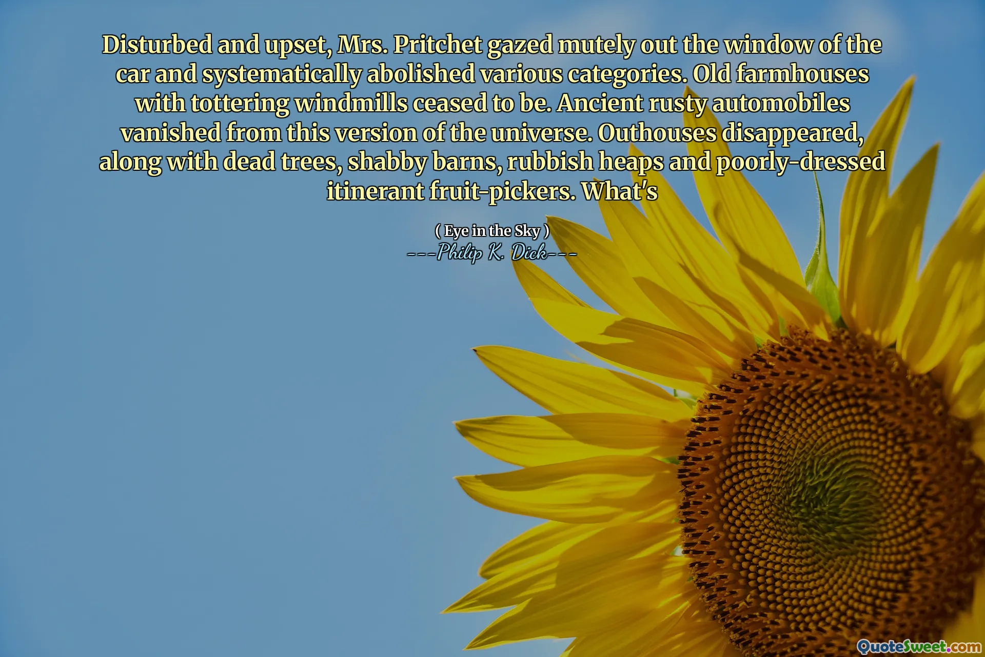 Forstyrret og opprørt, stirret fru Pritchet ut i bilens vindu og opphevet systematisk forskjellige kategorier. Gamle gårdshus med utroende vindmøller opphørte å være. Gamle rustne biler forsvant fra denne versjonen av universet. Outhouses forsvant, sammen med døde trær, loslitt fjøs, søppelhauger og dårlig kledde reiserute fruktplukkere. Hva er