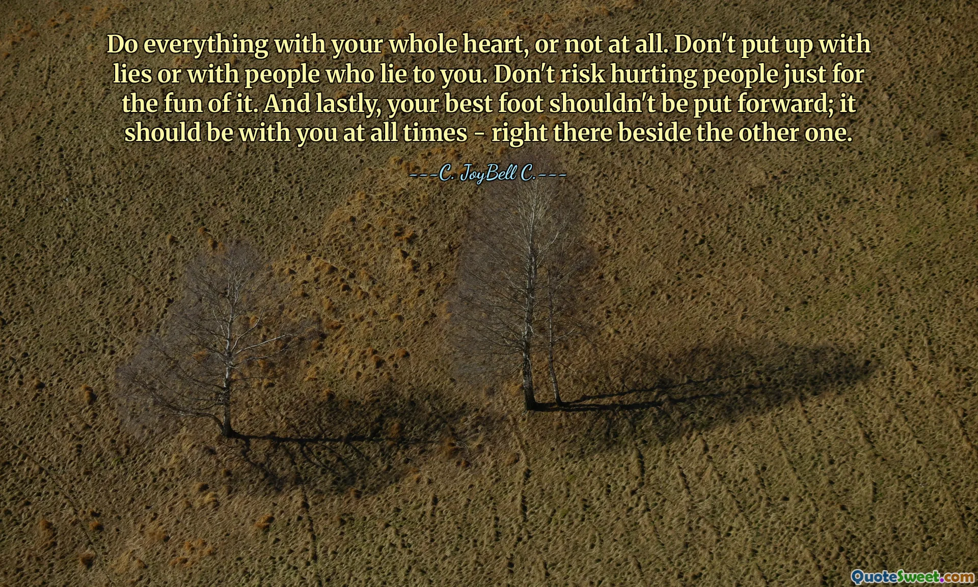 Do everything with your whole heart, or not at all. Don't put up with lies or with people who lie to you. Don't risk hurting people just for the fun of it. And lastly, your best foot shouldn't be put forward; it should be with you at all times - right there beside the other one.