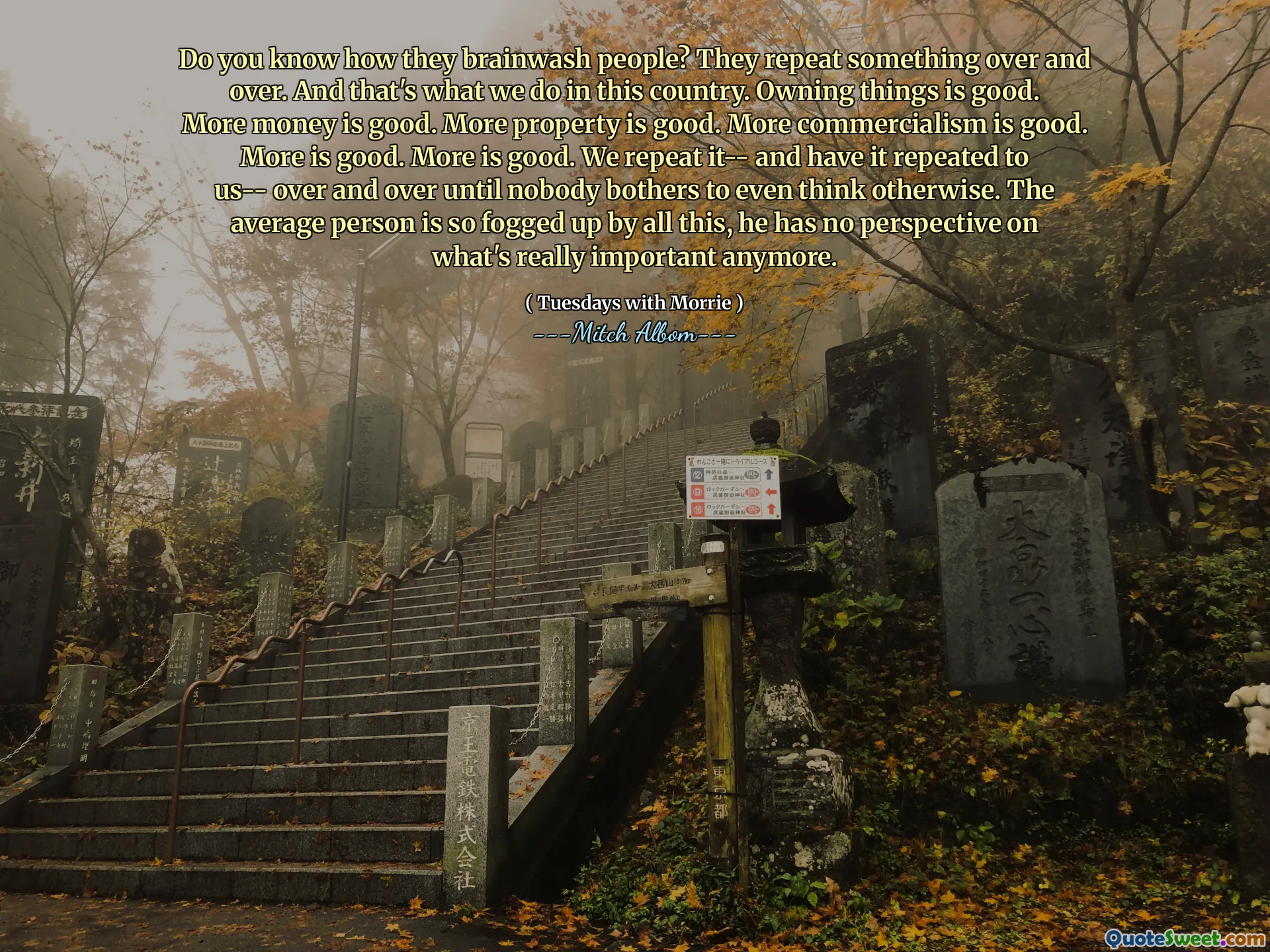 Savez-vous comment ils lavent le cerveau? Ils répétent quelque chose encore et encore. Et c'est ce que nous faisons dans ce pays. Posséder des choses est bien. Plus d'argent est bon. Plus de biens sont bons. Plus de mercantilisme est bon. Plus c'est bien. Plus c'est bien. Nous le répétons - et nous le faisons répéter - encore et encore jusqu'à ce que personne ne dérange de penser le contraire. La personne moyenne est tellement embuée par tout cela, il n'a plus de perspective sur ce qui est vraiment important.