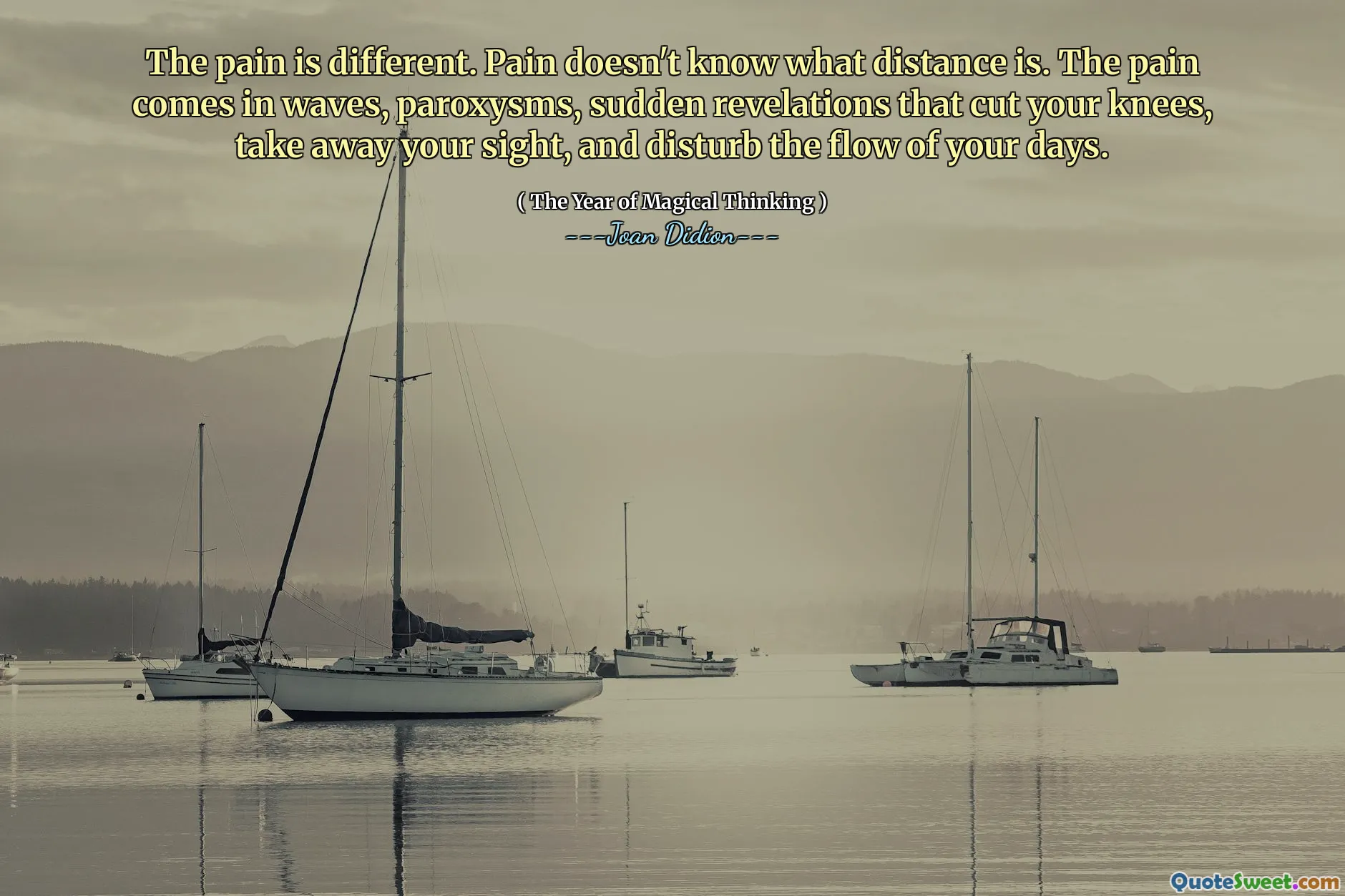 The pain is different. Pain doesn't know what distance is. The pain comes in waves, paroxysms, sudden revelations that cut your knees, take away your sight, and disturb the flow of your days.