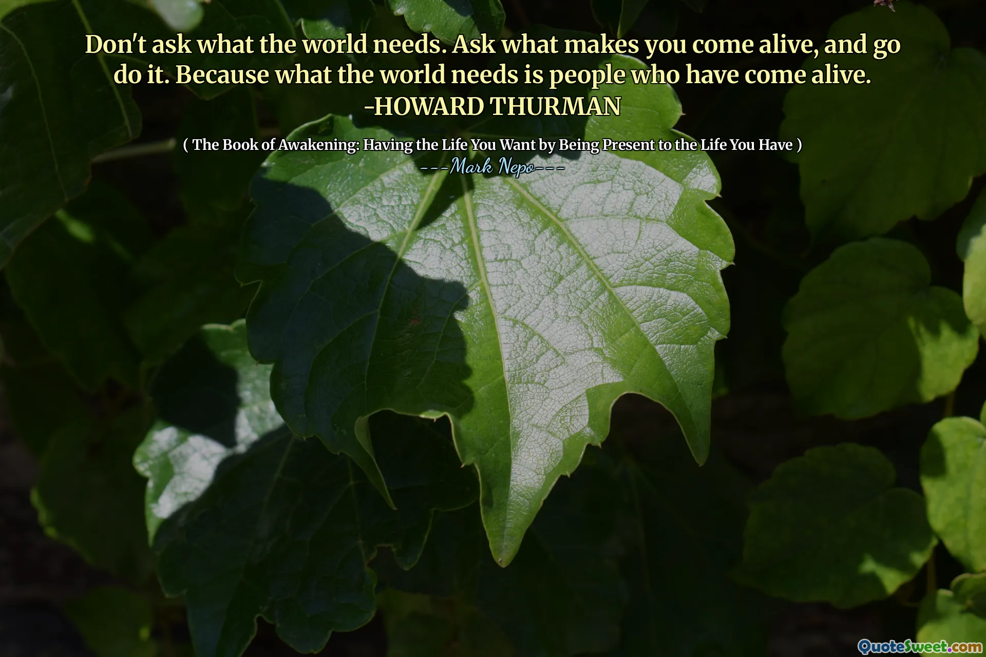 Don't ask what the world needs. Ask what makes you come alive, and go do it. Because what the world needs is people who have come alive. -HOWARD THURMAN