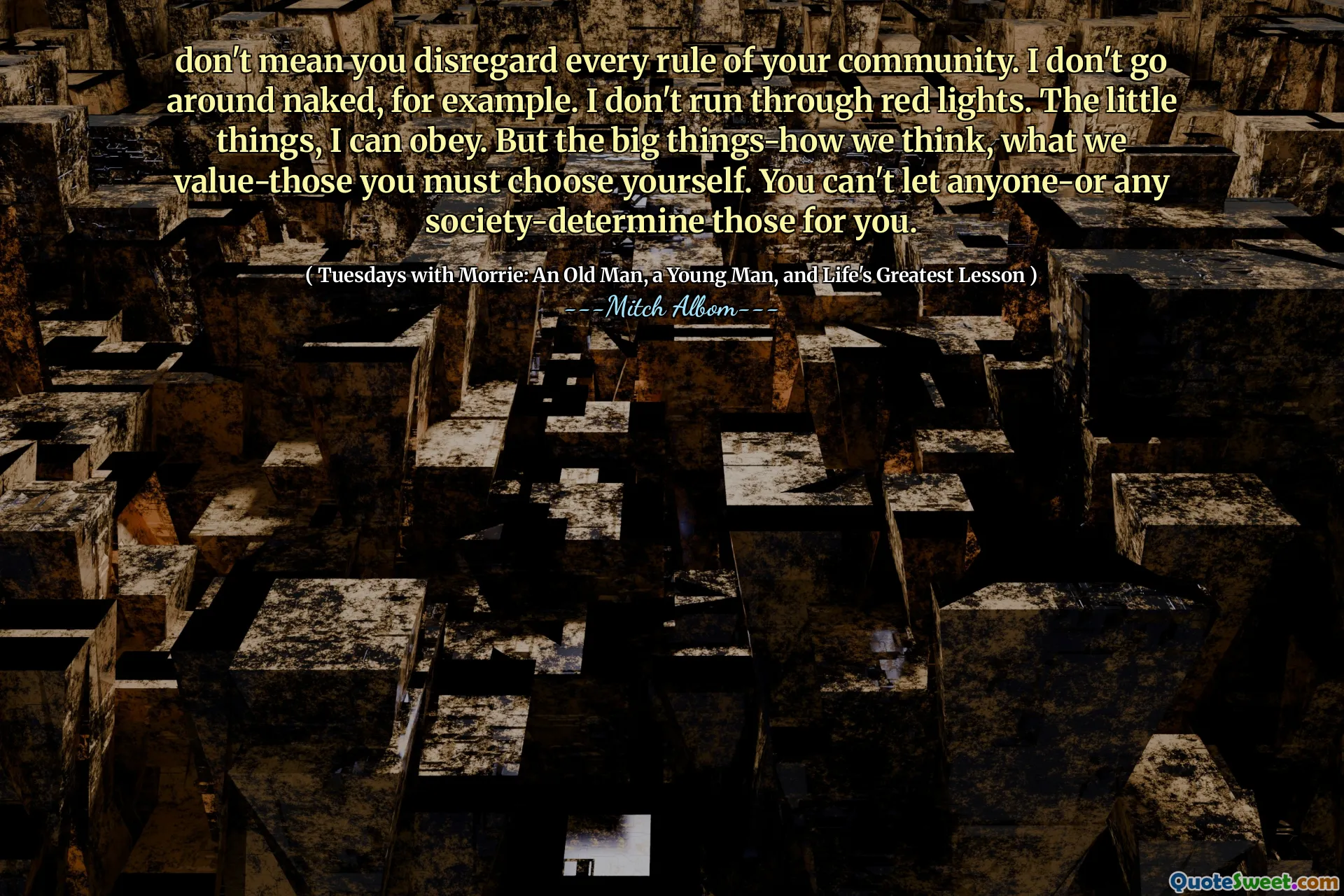 don't mean you disregard every rule of your community. I don't go around naked, for example. I don't run through red lights. The little things, I can obey. But the big things-how we think, what we value-those you must choose yourself. You can't let anyone-or any society-determine those for you.
