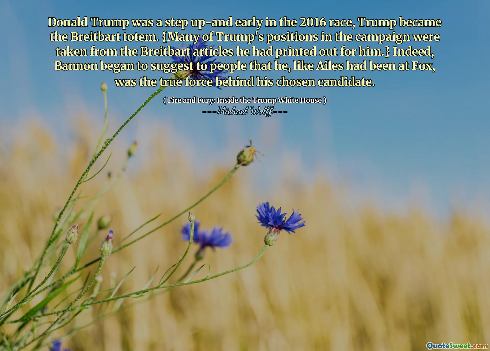 Donald Trump was a step up-and early in the 2016 race, Trump became the Breitbart totem. {Many of Trump's positions in the campaign were taken from the Breitbart articles he had printed out for him.} Indeed, Bannon began to suggest to people that he, like Ailes had been at Fox, was the true force behind his chosen candidate.