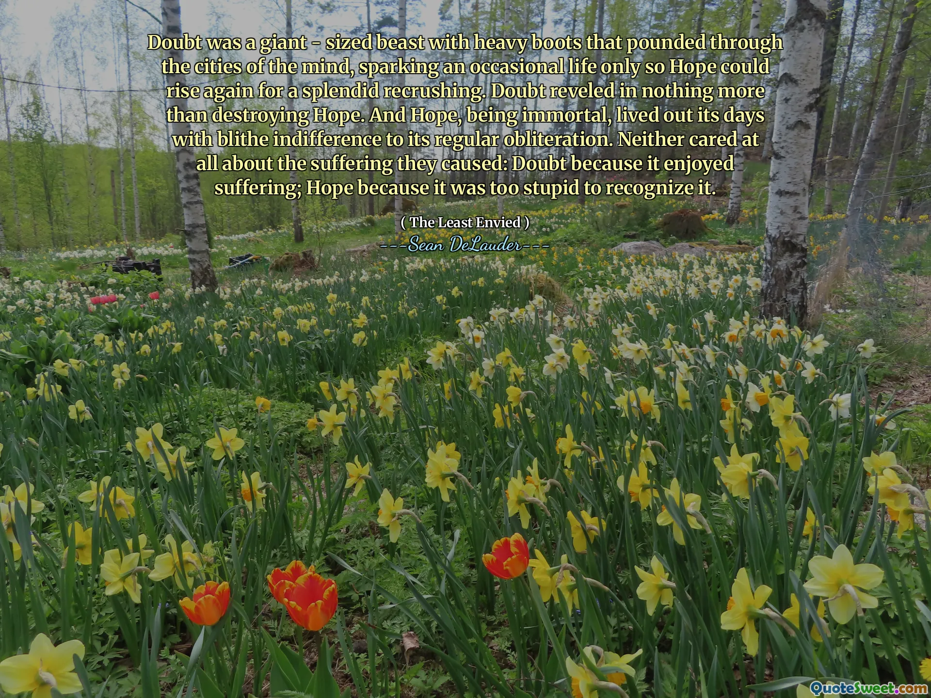 Doubt was a giant - sized beast with heavy boots that pounded through the cities of the mind, sparking an occasional life only so Hope could rise again for a splendid recrushing. Doubt reveled in nothing more than destroying Hope. And Hope, being immortal, lived out its days with blithe indifference to its regular obliteration. Neither cared at all about the suffering they caused: Doubt because it enjoyed suffering; Hope because it was too stupid to recognize it.