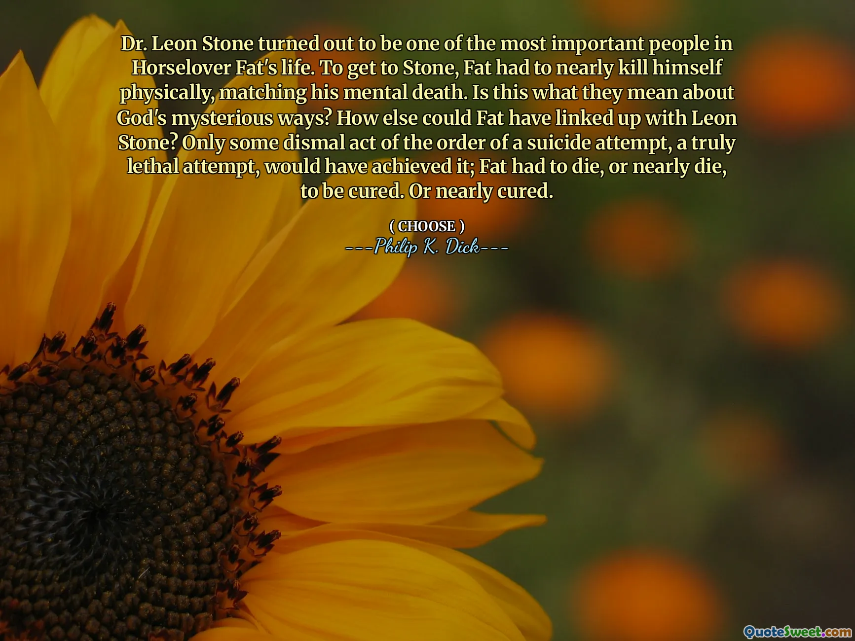 O Dr. Leon Stone acabou sendo uma das pessoas mais importantes da vida de Horselover Fat. Para chegar a Stone, a gordura tinha que quase se matar fisicamente, combinando sua morte mental. É isso que eles querem dizer sobre os modos misteriosos de Deus? De que outra forma a gordura poderia ter se ligado a Leon Stone? Somente algum ato sombrio da ordem de uma tentativa de suicídio, uma tentativa verdadeiramente letal, teria alcançado; A gordura teve que morrer, ou quase morrer, para ser curada. Ou quase curado.