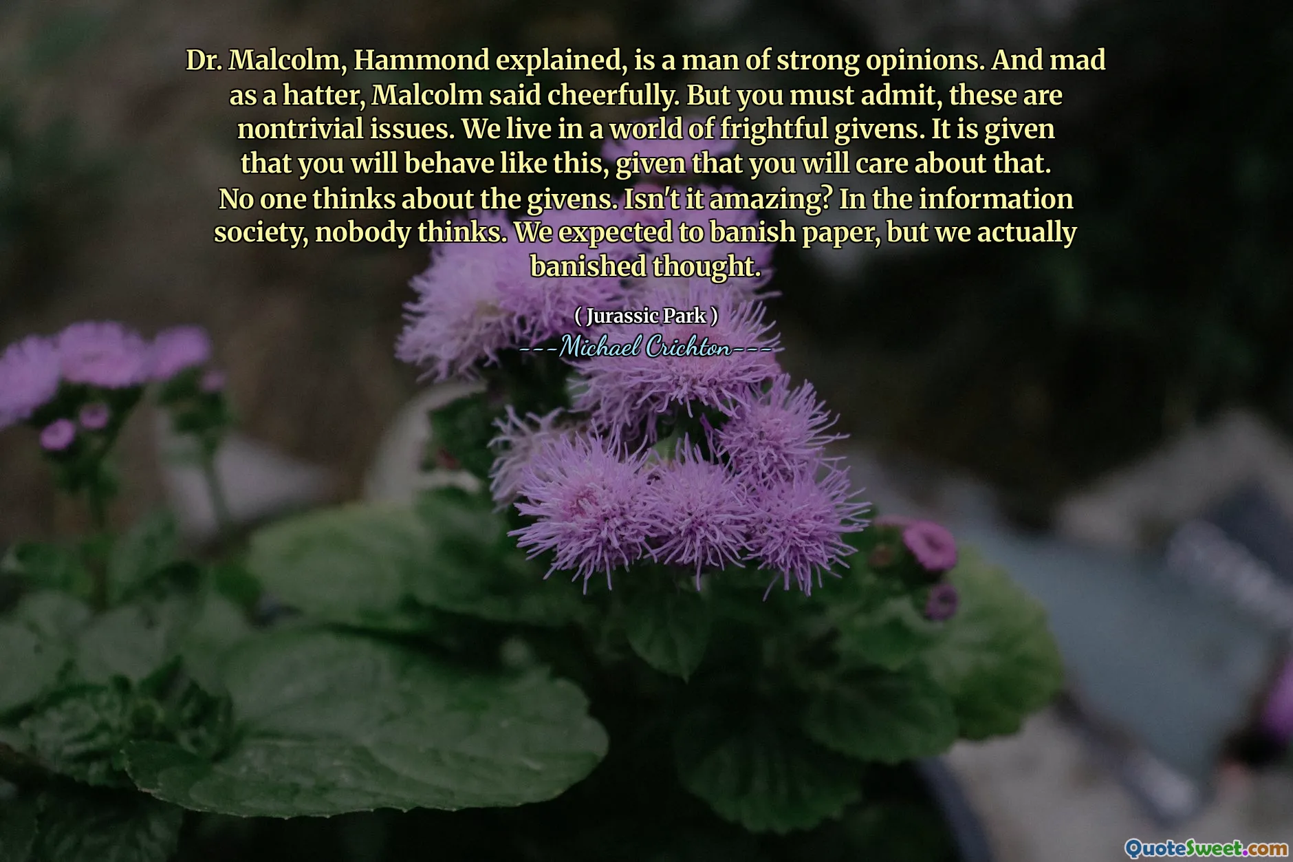 O Dr. Malcolm, explicou Hammond, é um homem de opiniões fortes. E louco como Hatter, Malcolm disse alegremente. Mas você deve admitir, essas são questões não triviais. Vivemos em um mundo de dados assustadores. É dado que você se comportará assim, já que se preocupará com isso. Ninguém pensa nos dados. Não é incrível? Na sociedade da informação, ninguém pensa. Esperávamos banir o papel, mas na verdade proibimos o pensamento.
