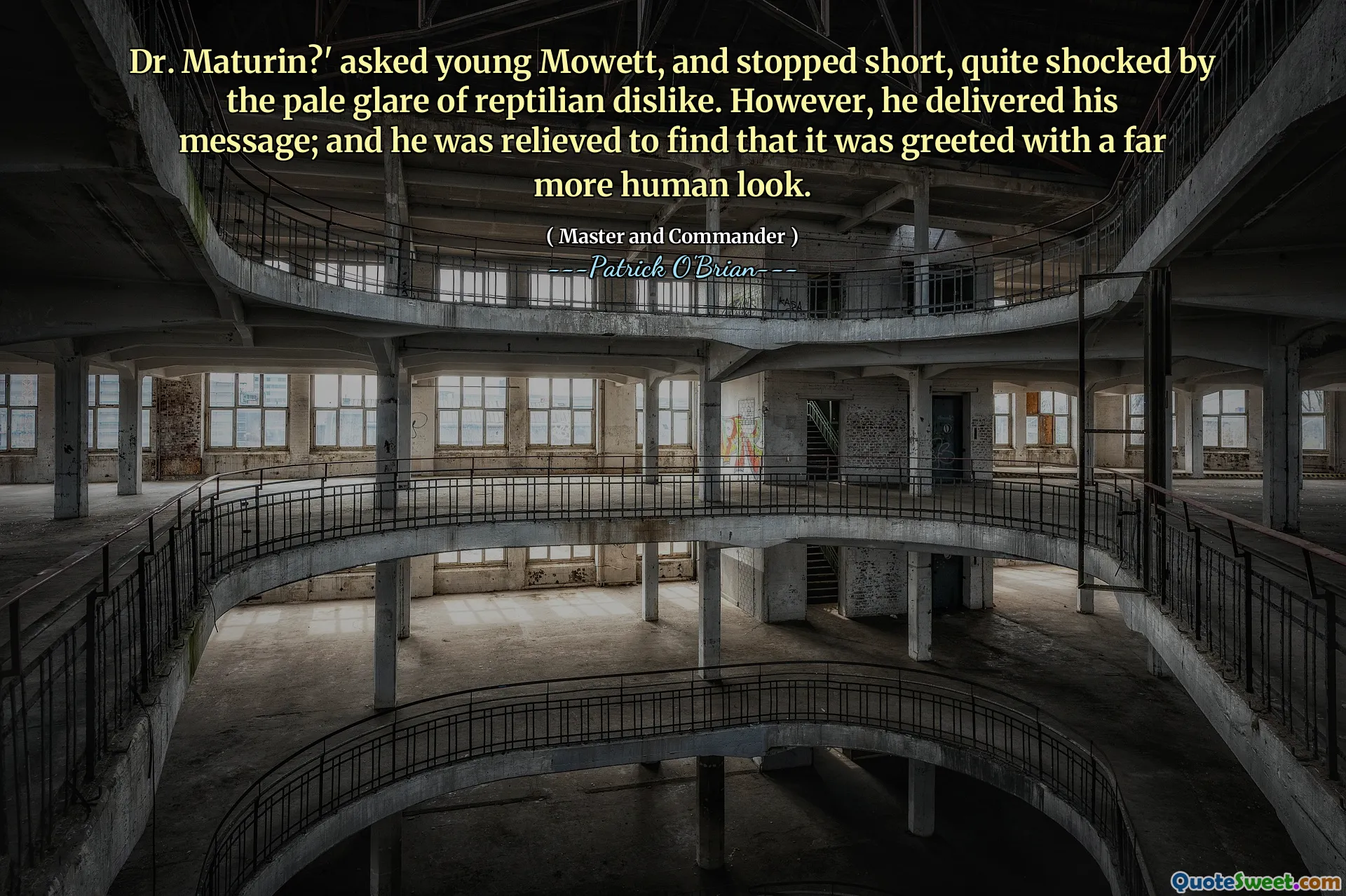 Dr. Maturin?' asked young Mowett, and stopped short, quite shocked by the pale glare of reptilian dislike. However, he delivered his message; and he was relieved to find that it was greeted with a far more human look.