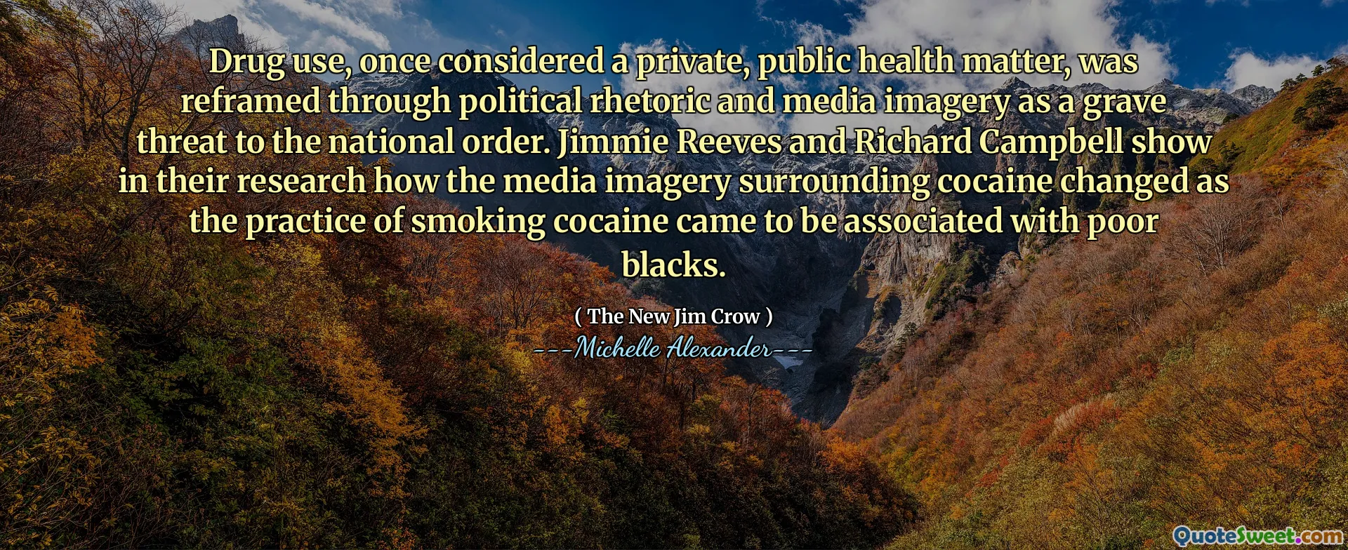 Drug use, once considered a private, public health matter, was reframed through political rhetoric and media imagery as a grave threat to the national order. Jimmie Reeves and Richard Campbell show in their research how the media imagery surrounding cocaine changed as the practice of smoking cocaine came to be associated with poor blacks.