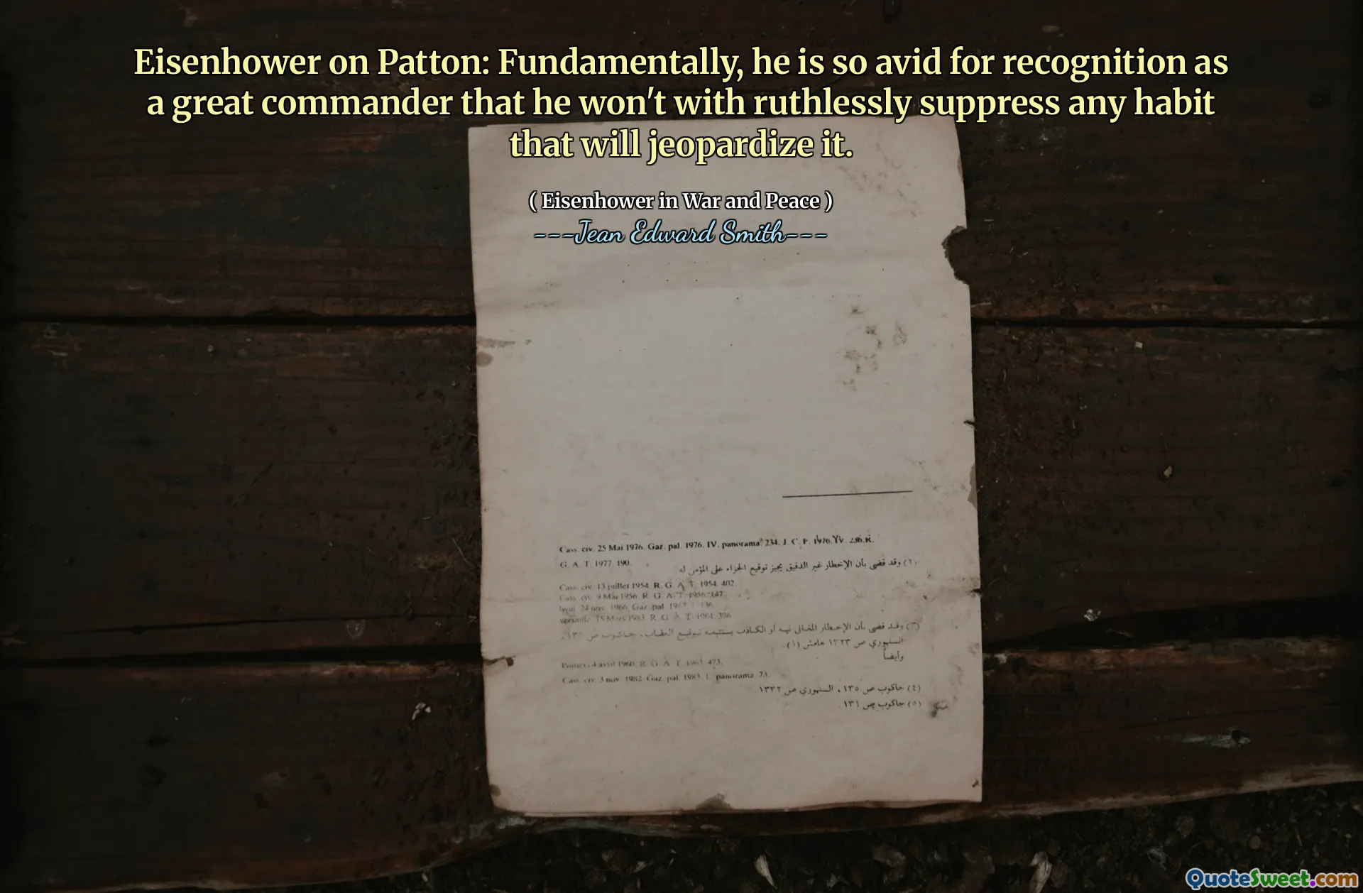 Eisenhower on Patton: Fundamentally, he is so avid for recognition as a great commander that he won't with ruthlessly suppress any habit that will jeopardize it.