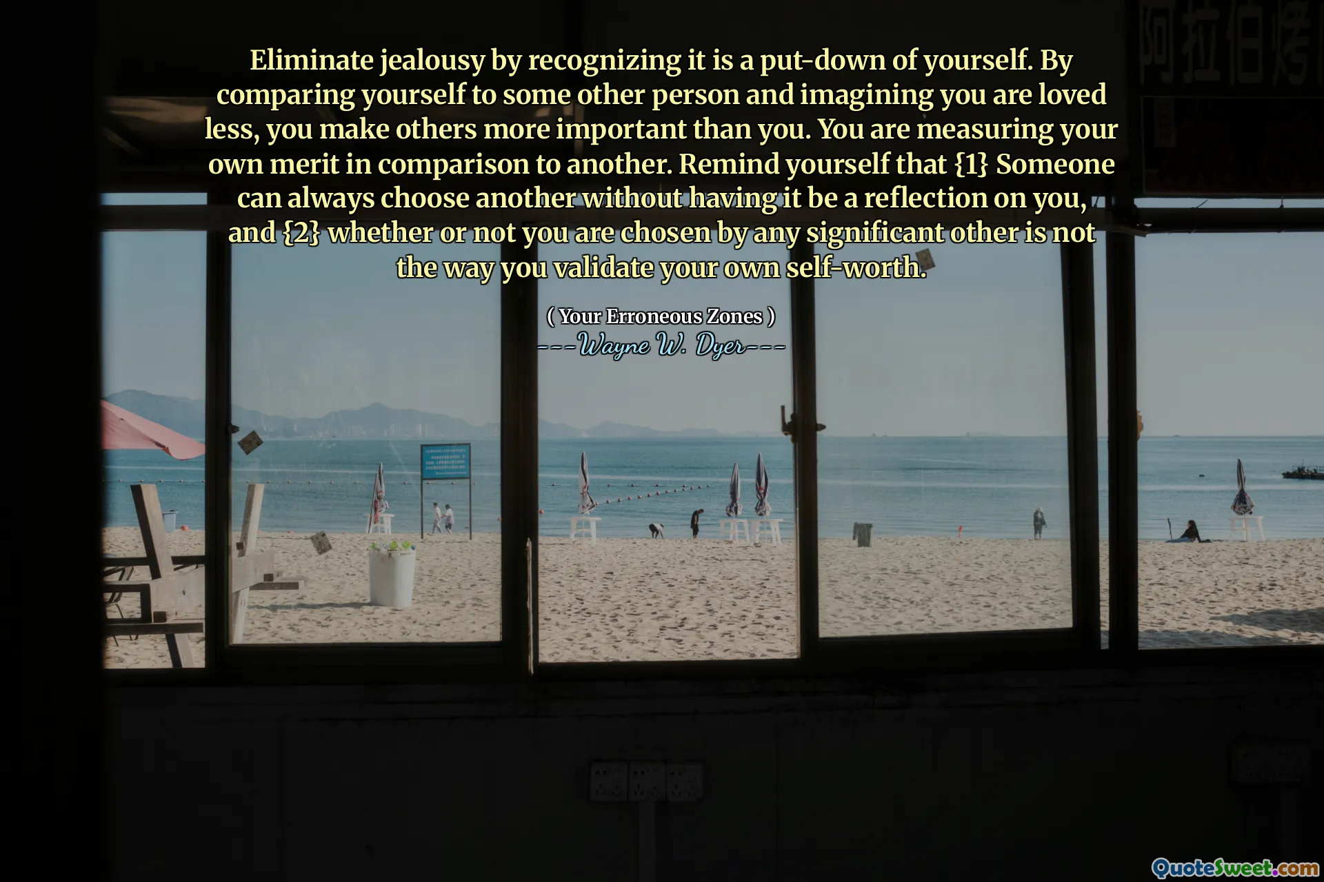 Eliminate jealousy by recognizing it is a put-down of yourself. By comparing yourself to some other person and imagining you are loved less, you make others more important than you. You are measuring your own merit in comparison to another. Remind yourself that {1} Someone can always choose another without having it be a reflection on you, and {2} whether or not you are chosen by any significant other is not the way you validate your own self-worth.