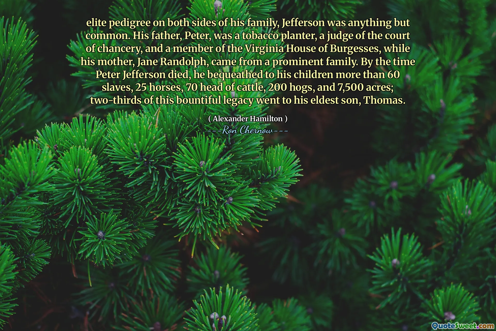 elite pedigree on both sides of his family, Jefferson was anything but common. His father, Peter, was a tobacco planter, a judge of the court of chancery, and a member of the Virginia House of Burgesses, while his mother, Jane Randolph, came from a prominent family. By the time Peter Jefferson died, he bequeathed to his children more than 60 slaves, 25 horses, 70 head of cattle, 200 hogs, and 7,500 acres; two-thirds of this bountiful legacy went to his eldest son, Thomas.