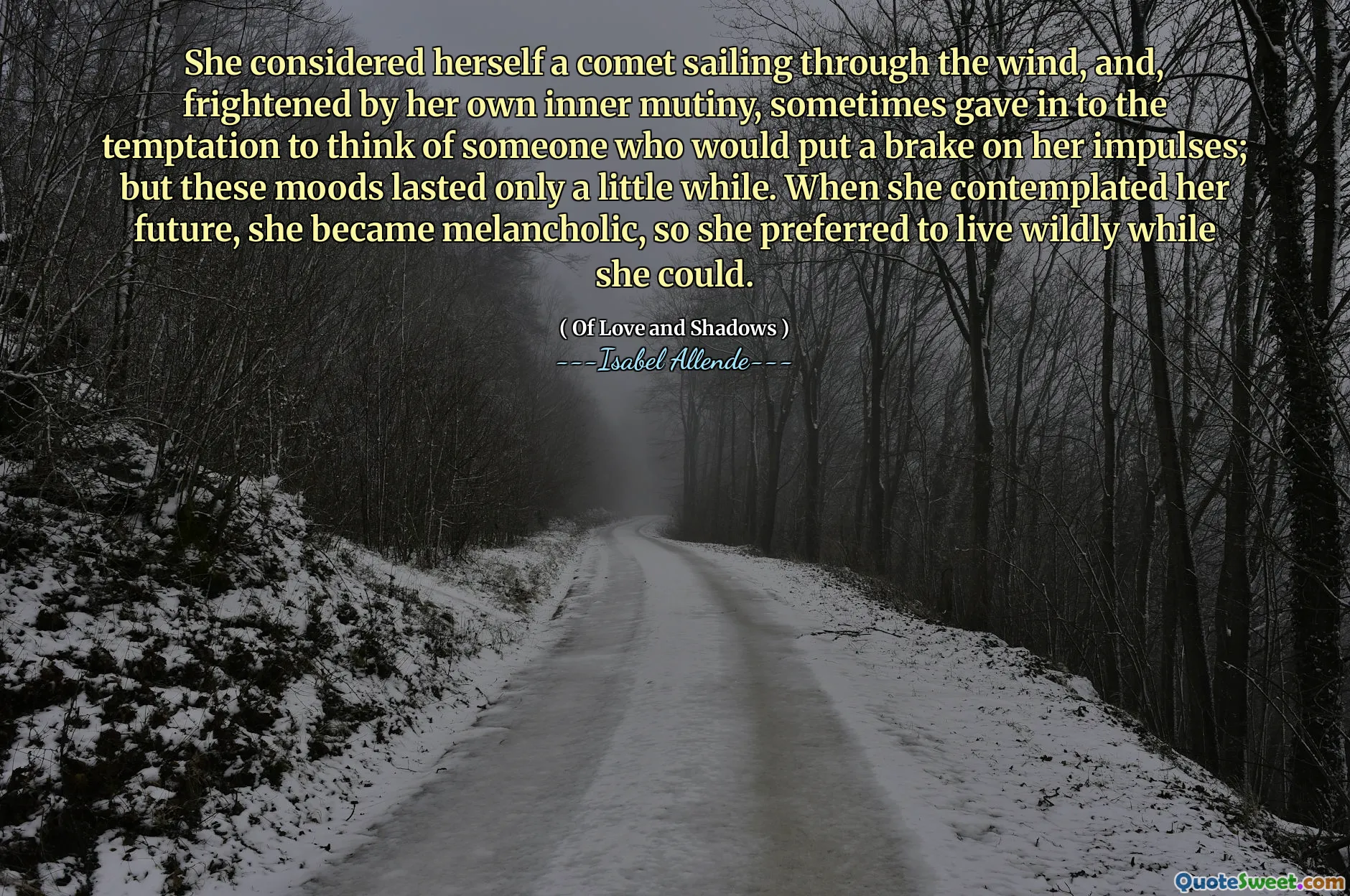 She considered herself a comet sailing through the wind, and, frightened by her own inner mutiny, sometimes gave in to the temptation to think of someone who would put a brake on her impulses; but these moods lasted only a little while. When she contemplated her future, she became melancholic, so she preferred to live wildly while she could.