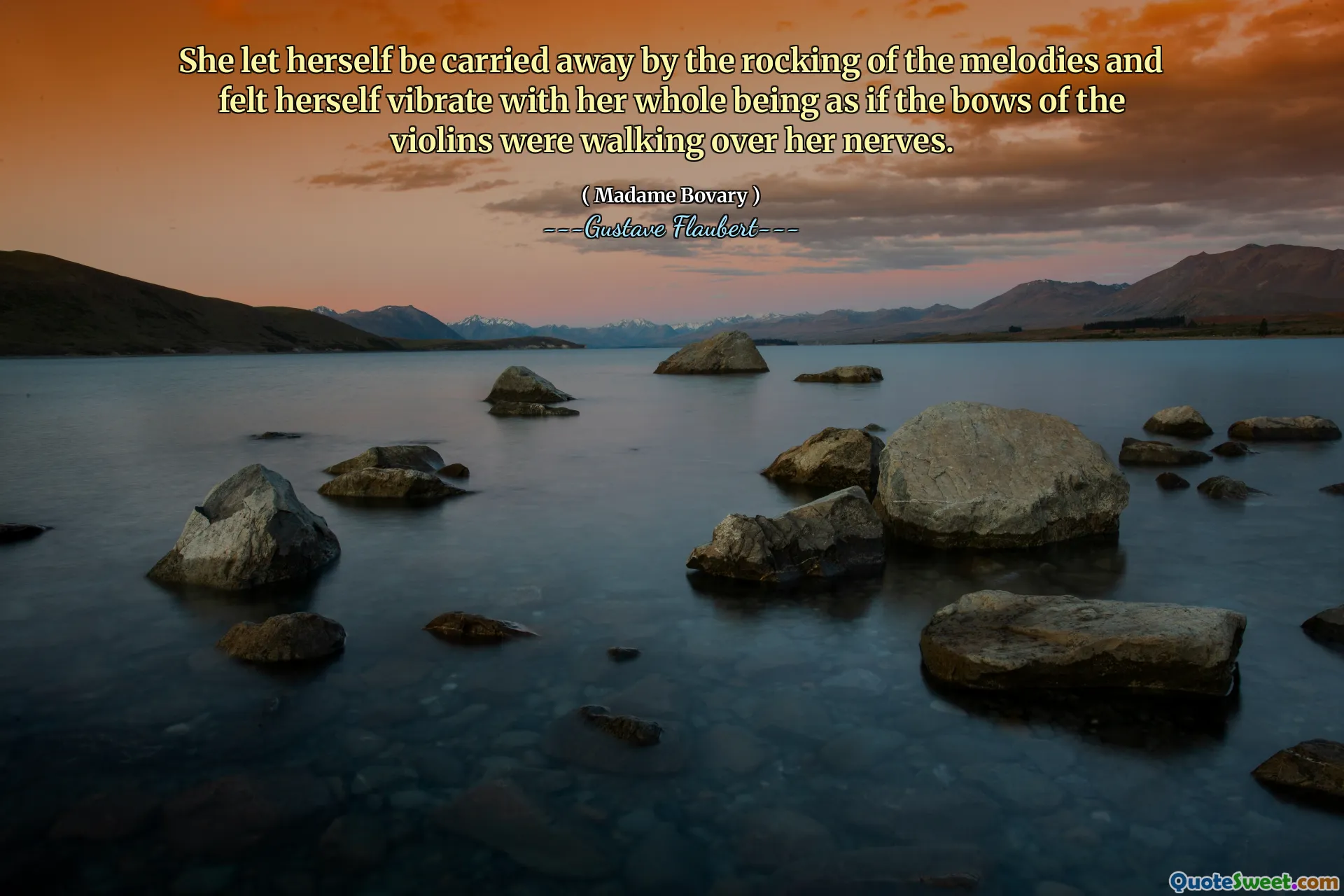 She let herself be carried away by the rocking of the melodies and felt herself vibrate with her whole being as if the bows of the violins were walking over her nerves.