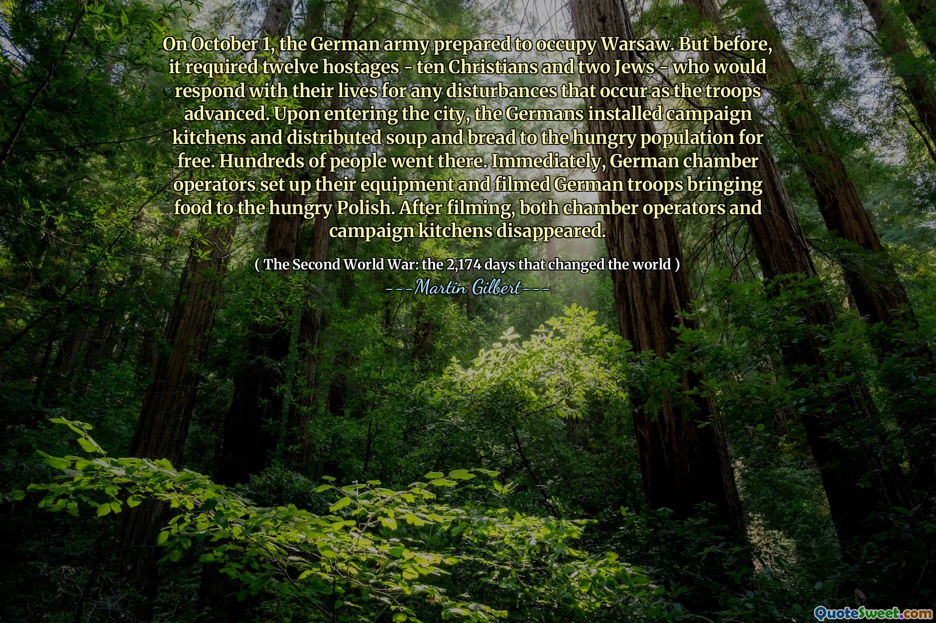 On October 1, the German army prepared to occupy Warsaw. But before, it required twelve hostages - ten Christians and two Jews - who would respond with their lives for any disturbances that occur as the troops advanced. Upon entering the city, the Germans installed campaign kitchens and distributed soup and bread to the hungry population for free. Hundreds of people went there. Immediately, German chamber operators set up their equipment and filmed German troops bringing food to the hungry Polish. After filming, both chamber operators and campaign kitchens disappeared.