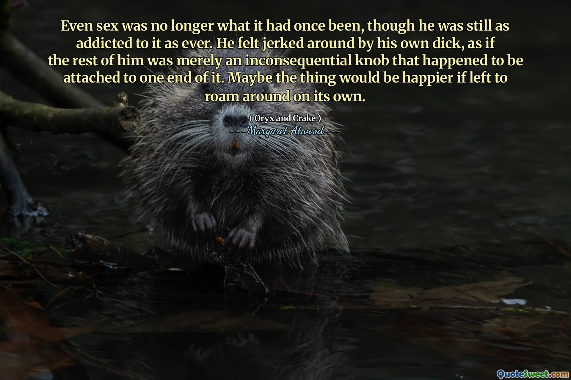 Even sex was no longer what it had once been, though he was still as addicted to it as ever. He felt jerked around by his own dick, as if the rest of him was merely an inconsequential knob that happened to be attached to one end of it. Maybe the thing would be happier if left to roam around on its own.