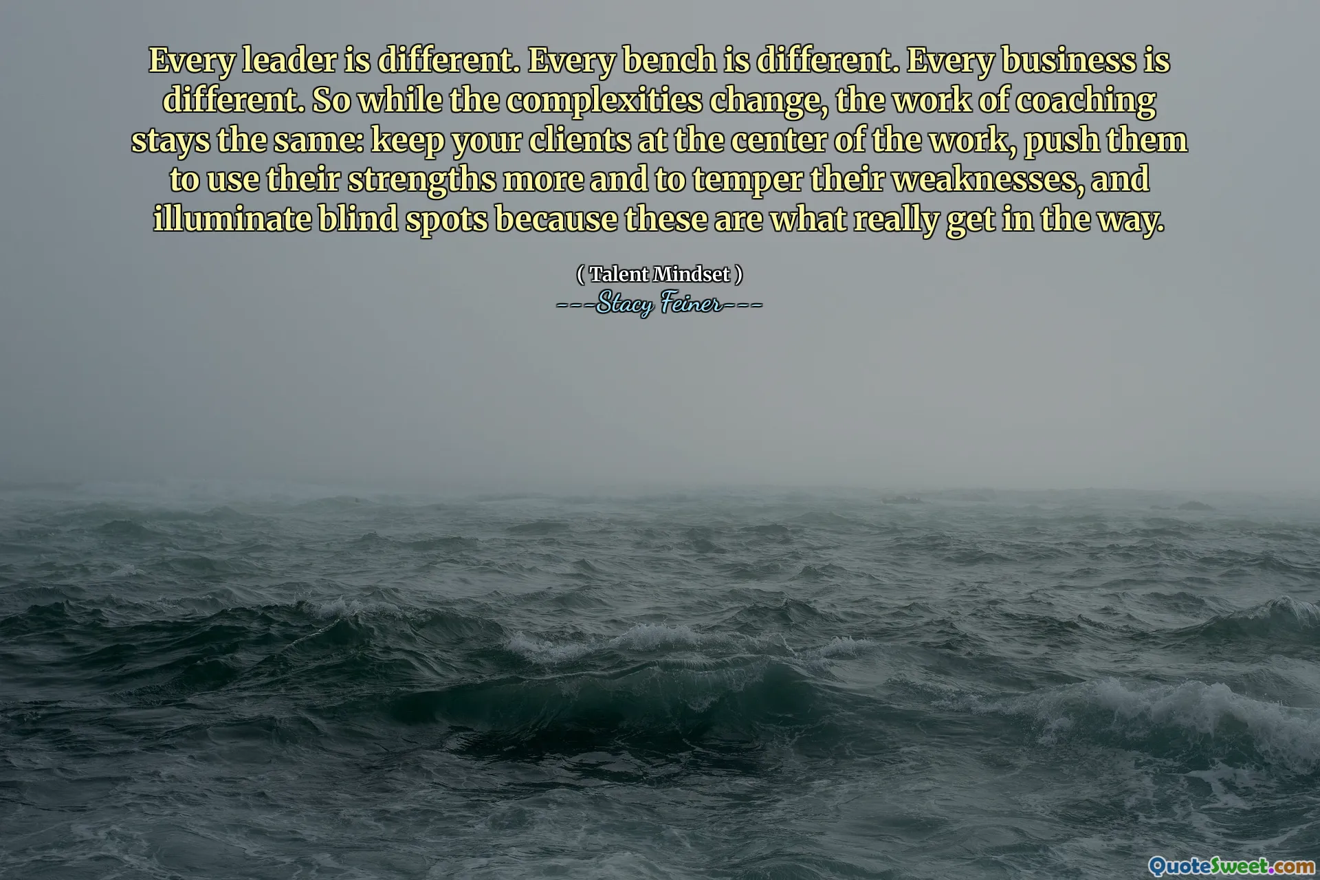 Every leader is different. Every bench is different. Every business is different. So while the complexities change, the work of coaching stays the same: keep your clients at the center of the work, push them to use their strengths more and to temper their weaknesses, and illuminate blind spots because these are what really get in the way.