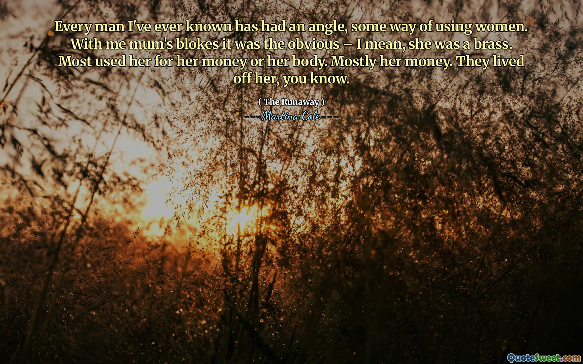 Jeder Mann, den ich jemals gekannt habe, hatte einen Winkel, eine Möglichkeit, Frauen zu benutzen. Bei mir war es das Offensichtliche - ich meine, sie war ein Messing. Die meisten benutzten sie für ihr Geld oder ihren Körper. Meistens ihr Geld. Sie haben von ihr gelebt, weißt du?