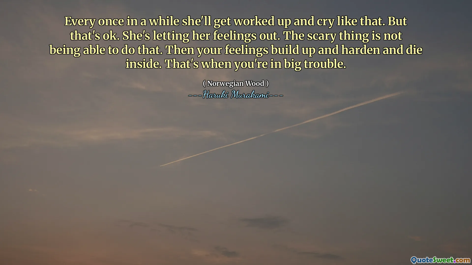 Every once in a while she'll get worked up and cry like that. But that's ok. She's letting her feelings out. The scary thing is not being able to do that. Then your feelings build up and harden and die inside. That's when you're in big trouble.
