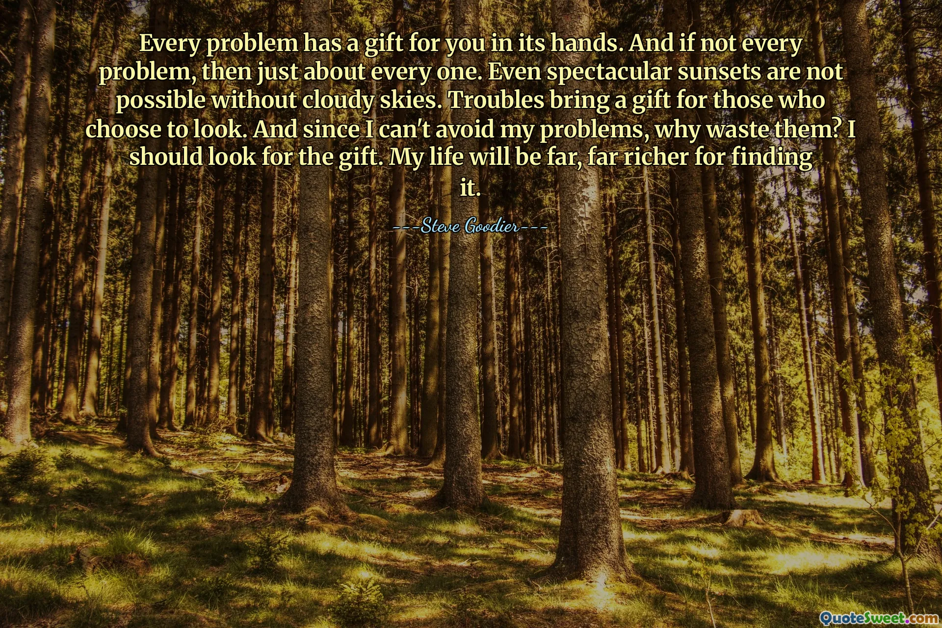 Every problem has a gift for you in its hands. And if not every problem, then just about every one. Even spectacular sunsets are not possible without cloudy skies. Troubles bring a gift for those who choose to look. And since I can't avoid my problems, why waste them? I should look for the gift. My life will be far, far richer for finding it.