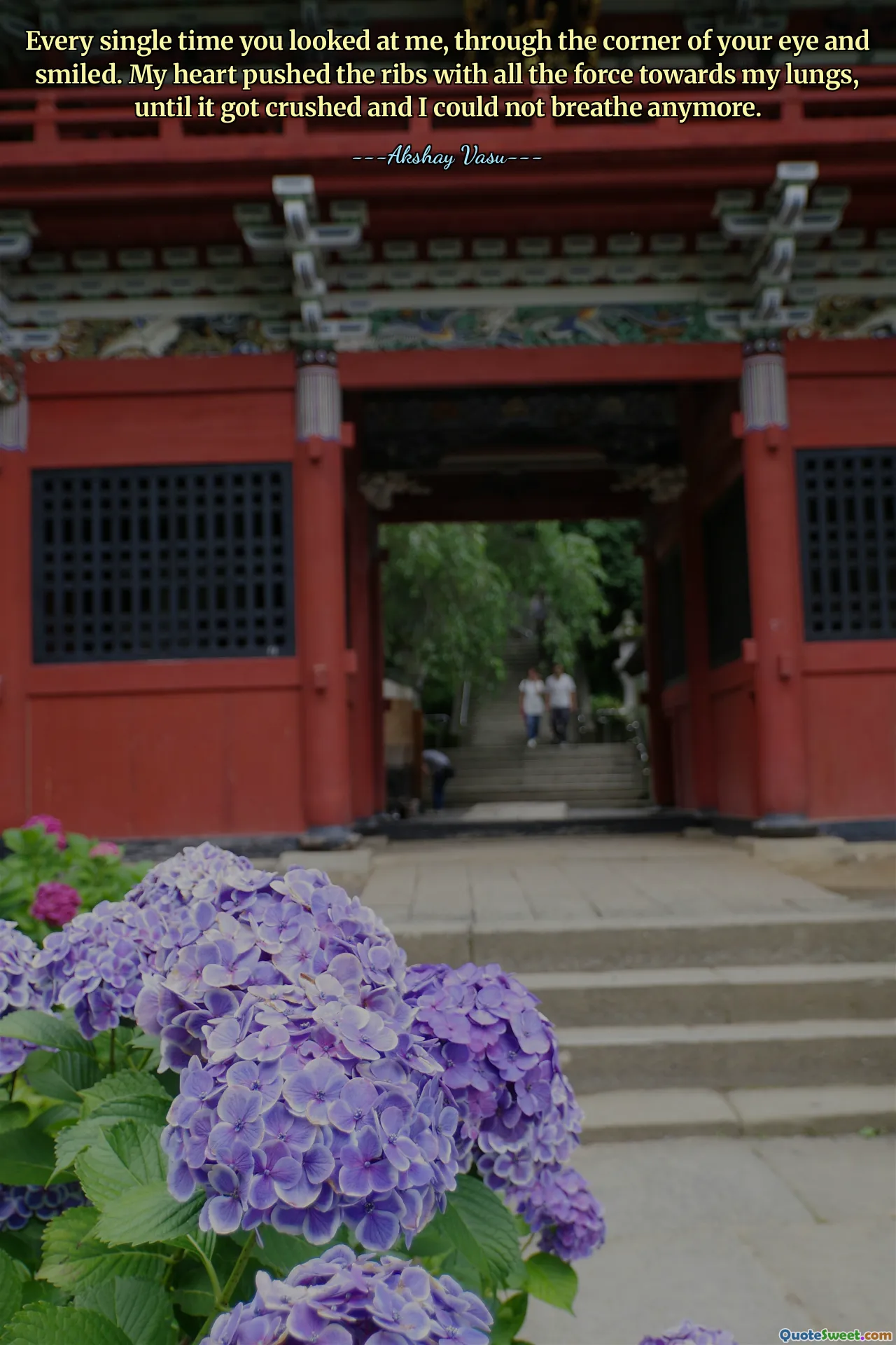 Every single time you looked at me, through the corner of your eye and smiled. My heart pushed the ribs with all the force towards my lungs, until it got crushed and I could not breathe anymore.