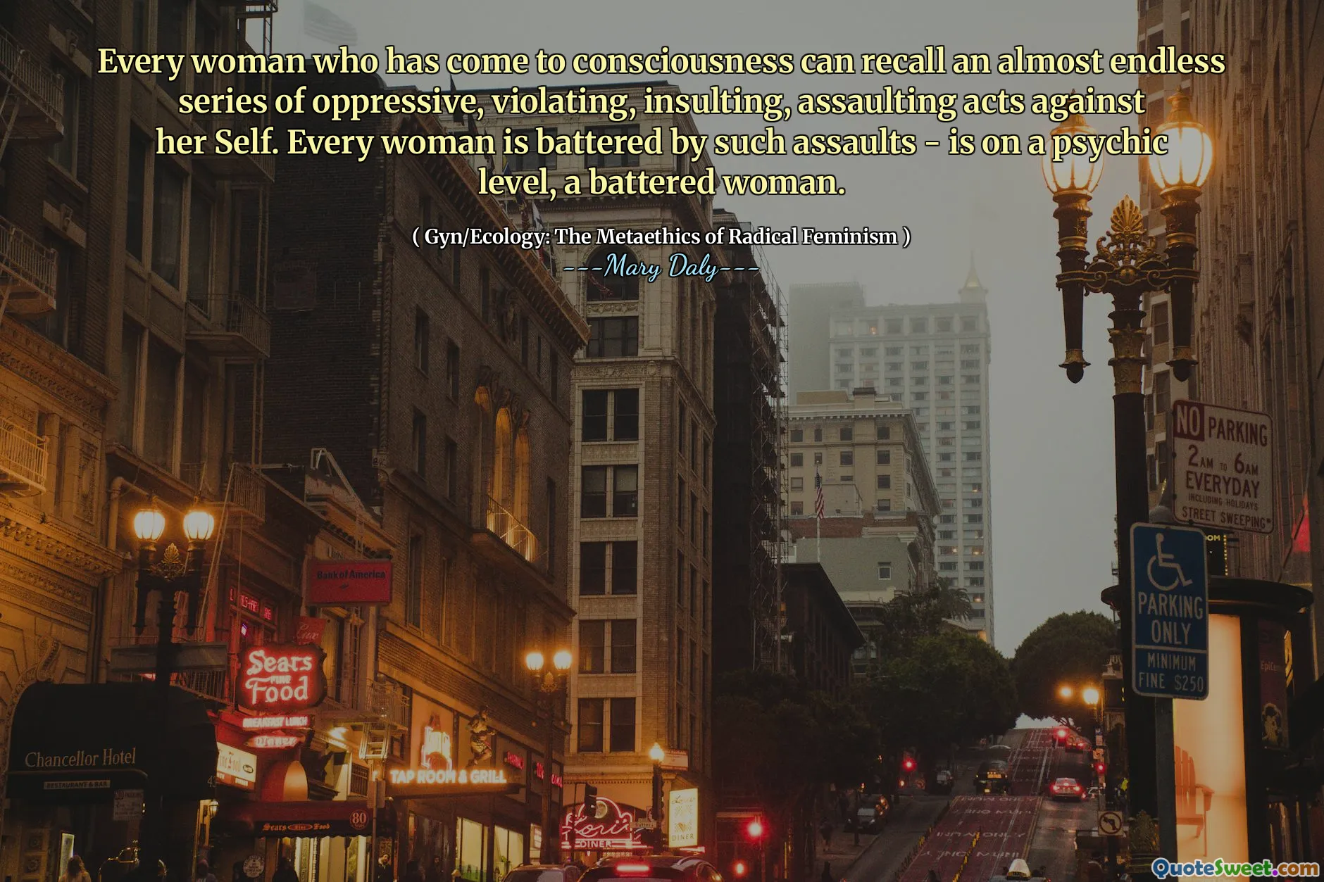 Every woman who has come to consciousness can recall an almost endless series of oppressive, violating, insulting, assaulting acts against her Self. Every woman is battered by such assaults - is on a psychic level, a battered woman.