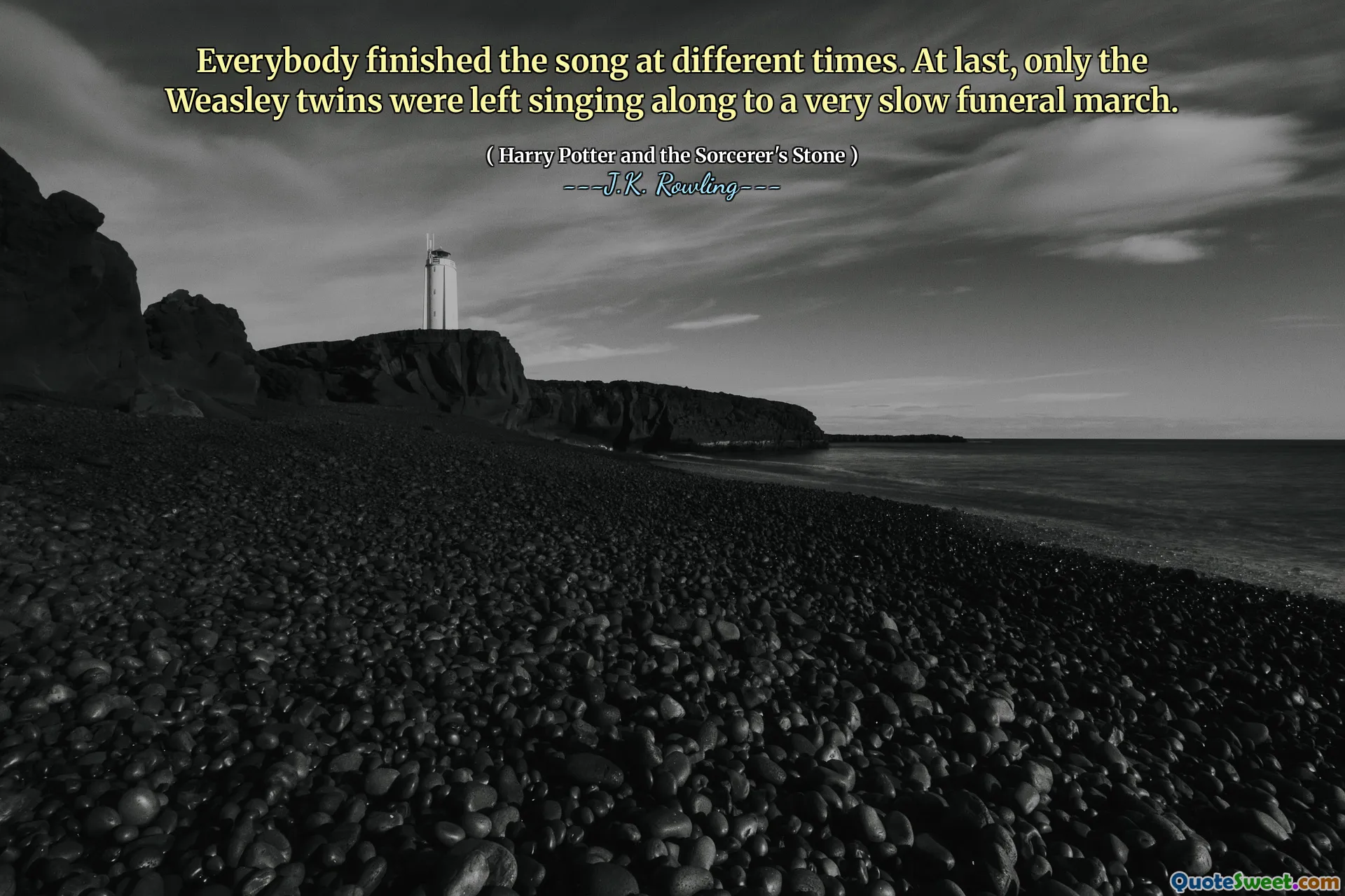 Everybody finished the song at different times. At last, only the Weasley twins were left singing along to a very slow funeral march.
