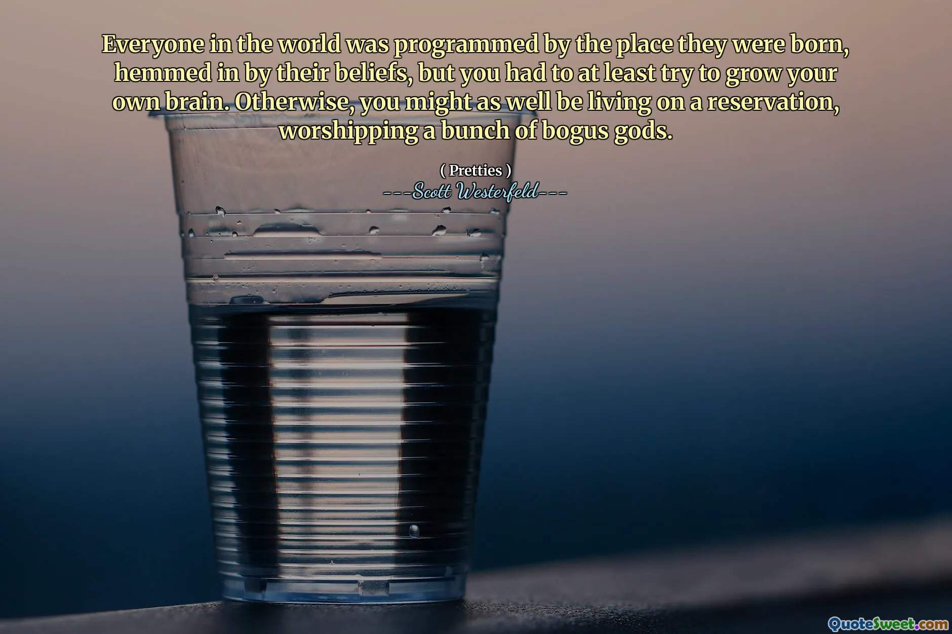 Everyone in the world was programmed by the place they were born, hemmed in by their beliefs, but you had to at least try to grow your own brain. Otherwise, you might as well be living on a reservation, worshipping a bunch of bogus gods.