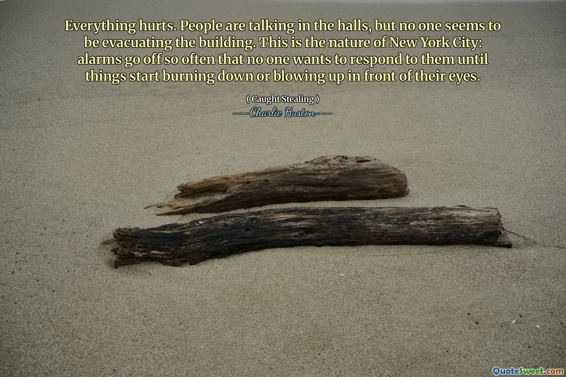 모든 것이 아파요. 사람들은 복도에서 이야기하고 있지만 아무도 건물을 대피하는 것 같습니다. 이것은 뉴욕시의 본질입니다. 알람은 너무 자주 사라져서 일이 불타거나 눈앞에서 불이 날 때까지 아무도 그들에게 반응하기를 원하지 않습니다.