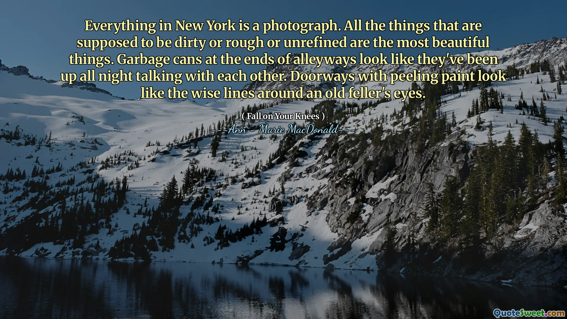 Everything in New York is a photograph. All the things that are supposed to be dirty or rough or unrefined are the most beautiful things. Garbage cans at the ends of alleyways look like they've been up all night talking with each other. Doorways with peeling paint look like the wise lines around an old feller's eyes.