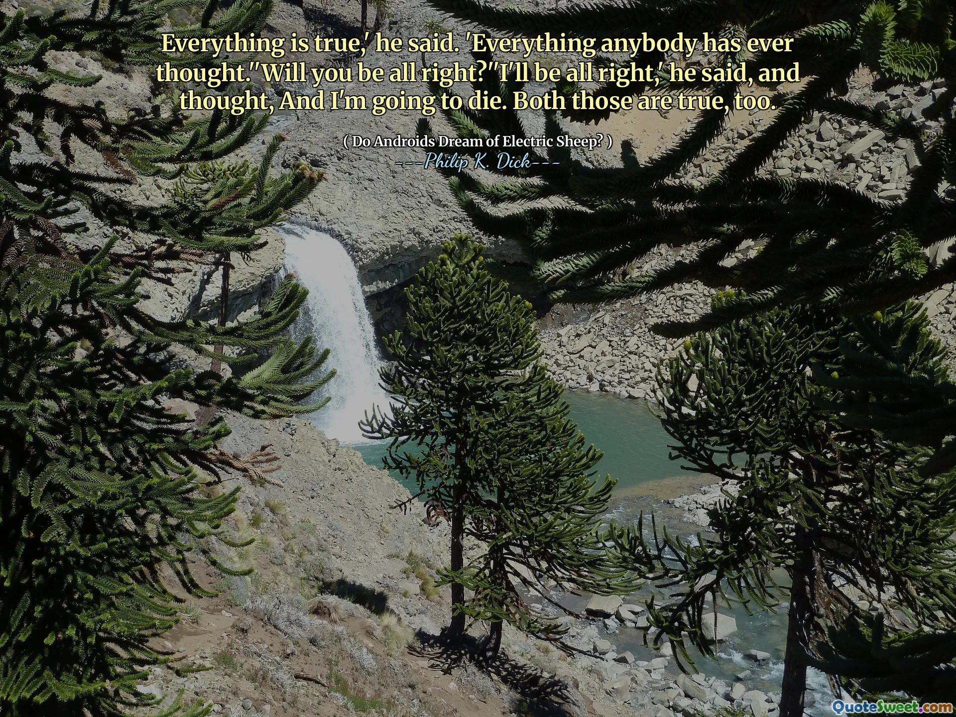 Everything is true,' he said. 'Everything anybody has ever thought.''Will you be all right?''I'll be all right,' he said, and thought, And I'm going to die. Both those are true, too.