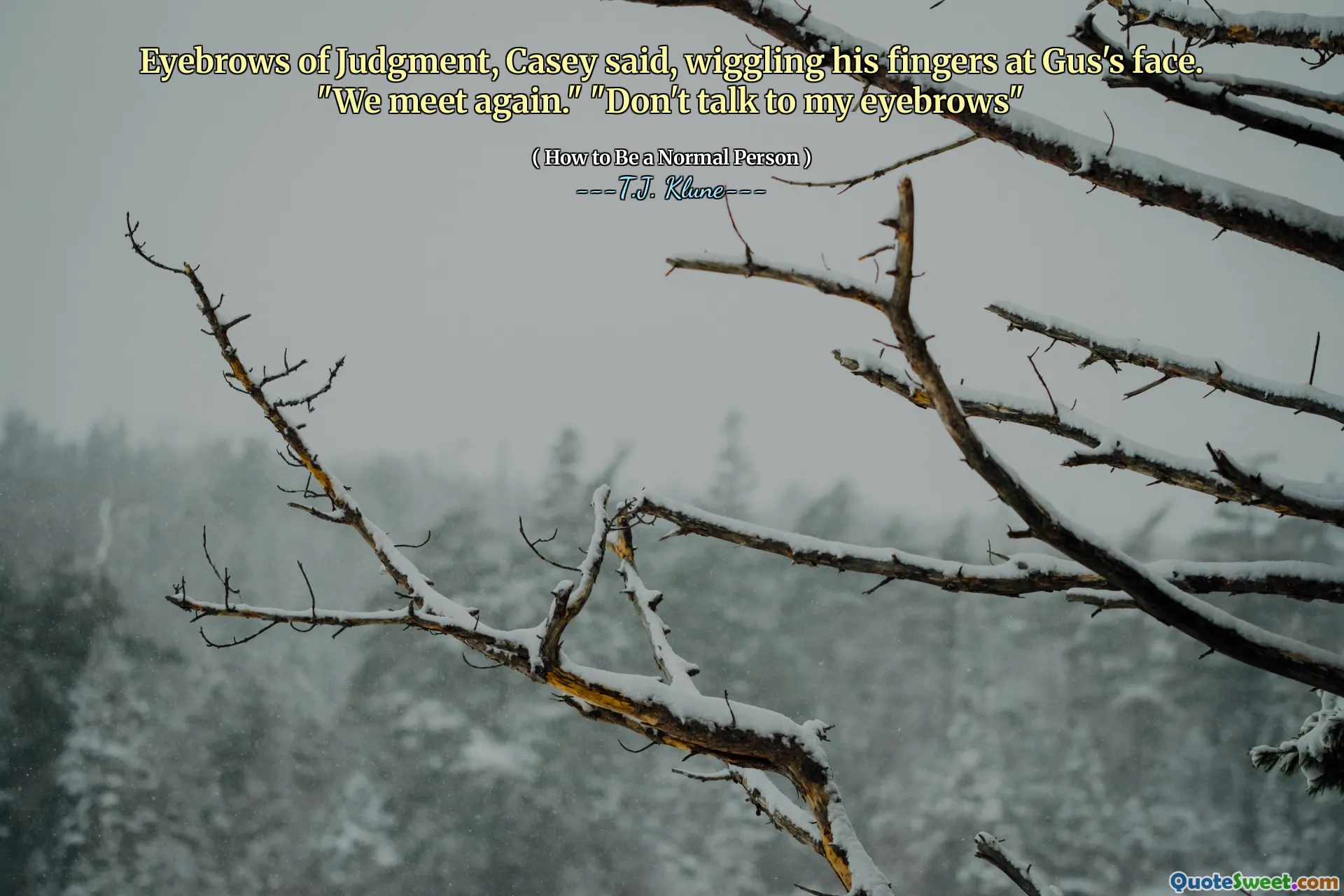 Eyebrows of Judgment, Casey said, wiggling his fingers at Gus's face. "We meet again." "Don't talk to my eyebrows"