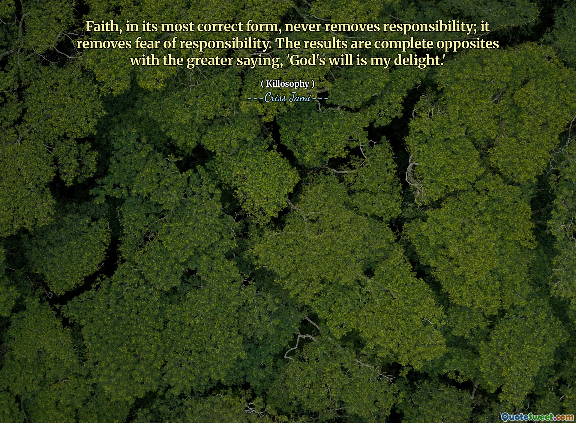 Faith, in its most correct form, never removes responsibility; it removes fear of responsibility. The results are complete opposites with the greater saying, 'God's will is my delight.'