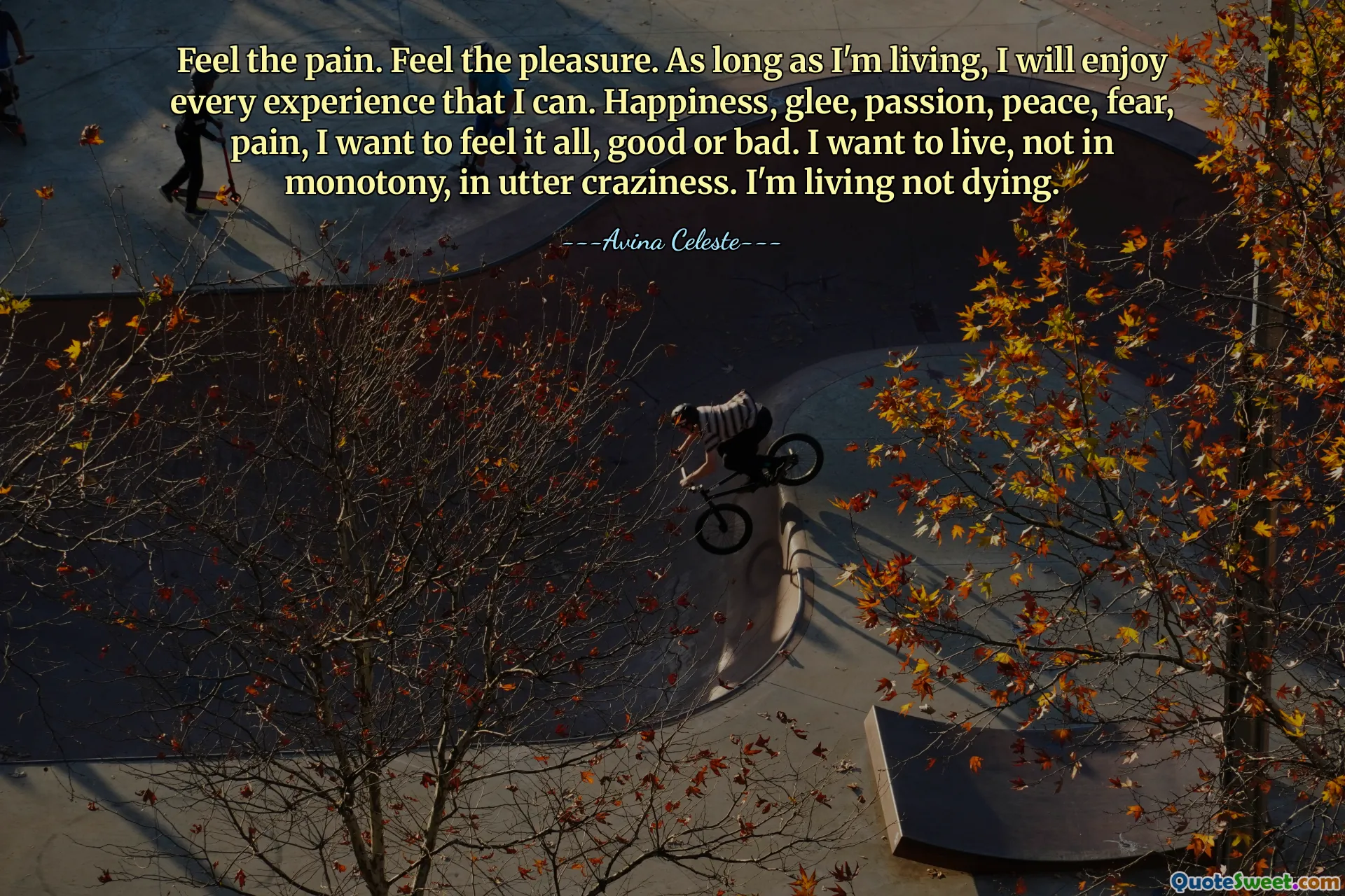Feel the pain. Feel the pleasure. As long as I'm living, I will enjoy every experience that I can. Happiness, glee, passion, peace, fear, pain, I want to feel it all, good or bad. I want to live, not in monotony, in utter craziness. I'm living not dying.